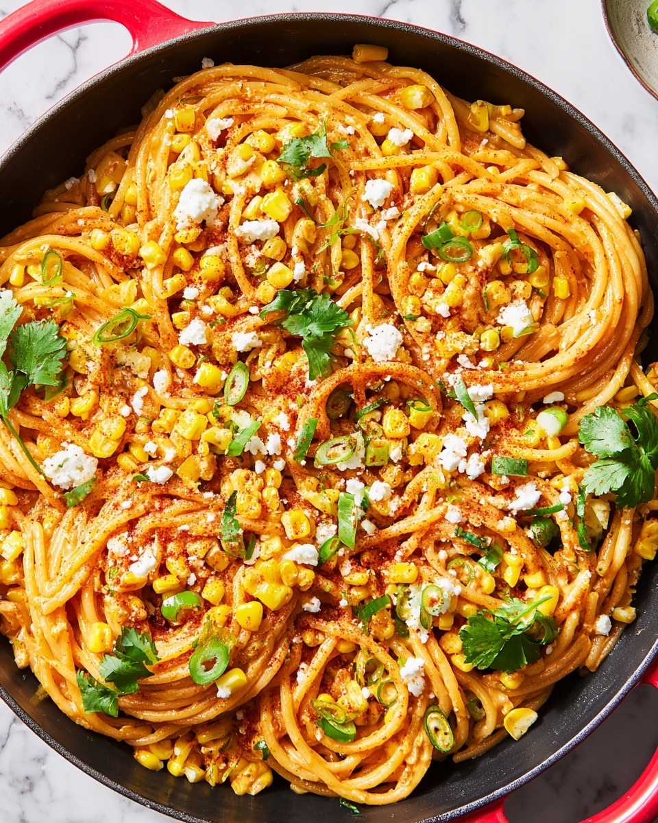 A close-up view of a black pan with red handles filled with a pasta dish featuring spaghetti mixed with bright yellow corn kernels evenly spread throughout. The spaghetti is coated in a light orange sauce with a slightly glossy texture. The dish is topped with small crumbles of white cheese and sprinkled with reddish-brown spices. Green slices of scallions and fresh cilantro leaves are scattered on top, adding pops of green color. The pan sits on a white marbled surface, and the photo captures the meal with a natural soft light, showing all the textures clearly. photo taken with an iphone --ar 4:5 --v 7