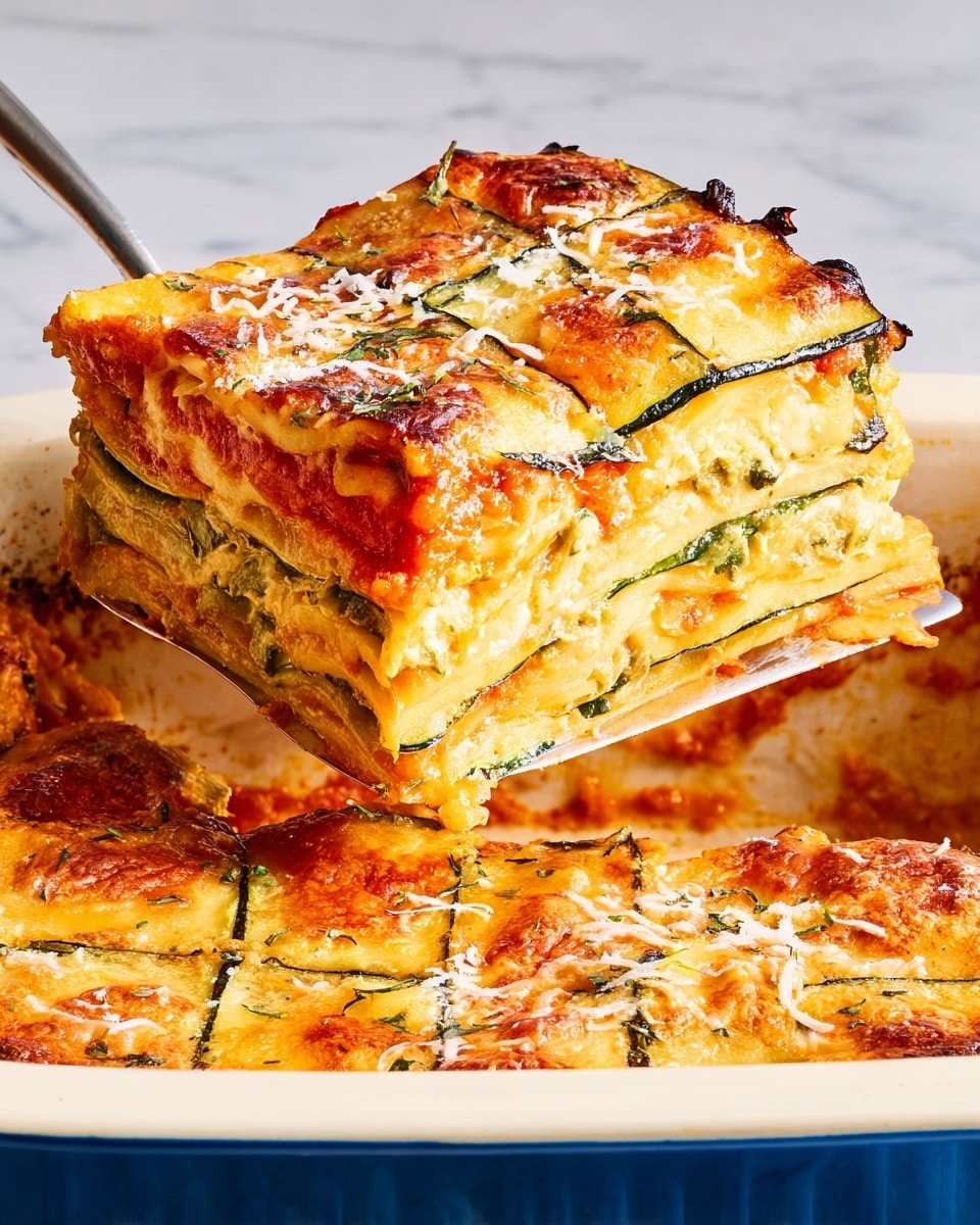 A slice of layered zucchini lasagna is lifted on a silver spatula from a white ceramic baking dish with a blue exterior. The lasagna has seven visible layers, alternating thin green zucchini slices with golden-brown melted cheese, soft pale ricotta filling, and rich red tomato sauce. The top layer is a crisscross pattern of baked zucchini strips covered in melted, slightly browned cheese, with some sprinkled shredded cheese on top. The white marbled background softly contrasts with the vibrant colors of the lasagna. photo taken with an iphone --ar 4:5 --v 7