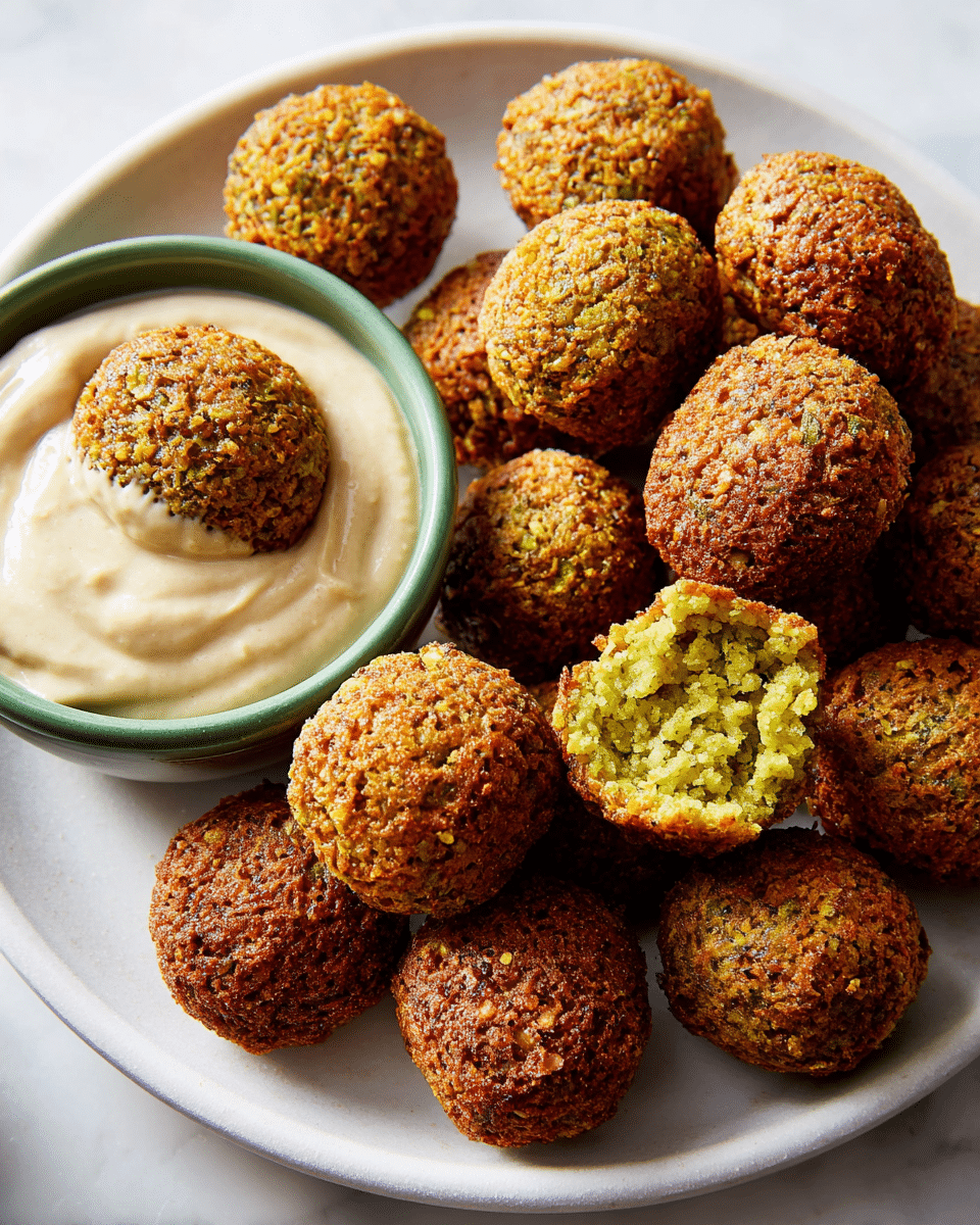 A white plate with a white marbled texture surface holds about fifteen golden brown falafel balls, each with a rough, crumbly texture. Two falafel balls are broken open, showing a bright green, crumbly inside. There is a small green bowl on the plate filled with a smooth, thick, light beige sauce or dip. One whole falafel ball is dipped partially into the sauce, sitting on the edge of the small bowl. The lighting highlights the crispy texture of the falafel and creamy smoothness of the dip. photo taken with an iphone --ar 4:5 --v 7