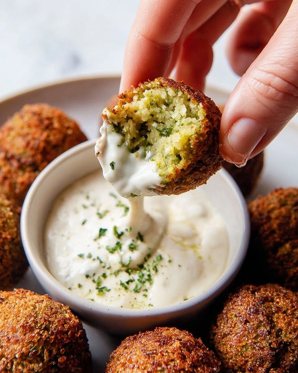 A close-up image shows a woman's hand holding a falafel ball that is dipped halfway into a creamy white sauce inside a white bowl; the falafel's outer layer is golden brown and crispy, while the inside is bright green with small bits of herbs, visible from a bite taken out of it. The creamy sauce drips back into the bowl, showing its thick and smooth texture. Around the bowl, several more golden-brown falafel balls rest on a white marbled surface, giving a sense of a fresh snack setup. Photo taken with an iphone --ar 4:5 --v 7