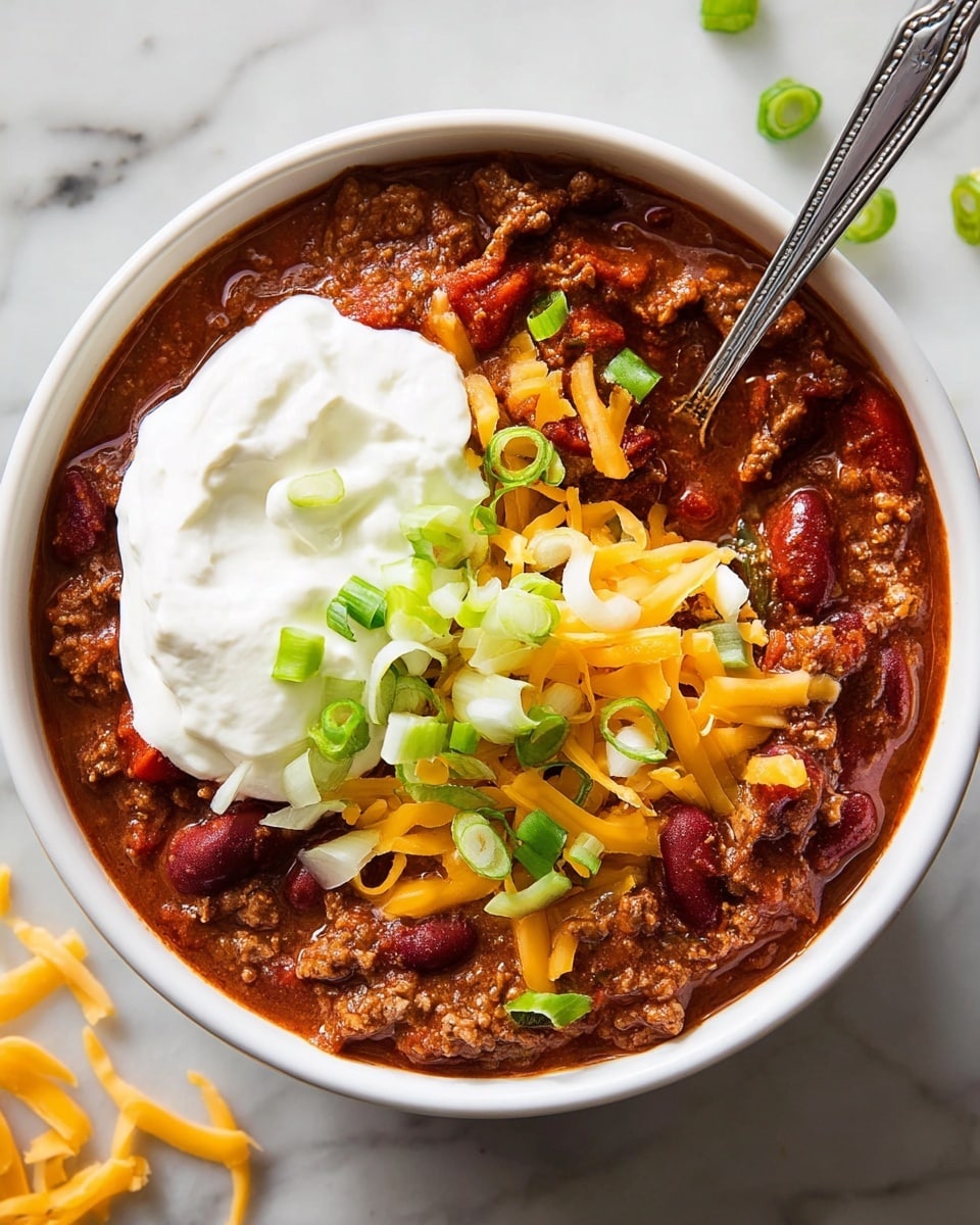 A white bowl filled with chili showing three main layers: the bottom layer is dark red chili with ground meat and kidney beans, the middle layer is bright orange shredded cheddar cheese scattered across, and the top layer includes chopped white onions and green scallion rings spread unevenly. On one side, a dollop of smooth white sour cream sits partly mixed into the chili, with a silver spoon resting inside the bowl. The bowl is placed on a white marbled surface with a few yellow cheese shreds nearby. Photo taken with an iphone --ar 4:5 --v 7