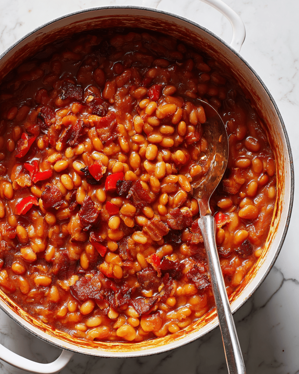 A close-up view of a white pot filled with baked beans in a thick, glossy reddish-brown sauce. The dish shows at least two layers: a layer of small white beans cooked in the rich sauce forming most of the pot and a layer of scattered chunks of browned bacon mixed throughout, adding texture and color contrast with deep red and golden-brown shades. Small pieces of diced red bell pepper are visible, adding bright spots of color across the dish. A silver spoon with a shiny texture is placed inside the pot, partially immersed in the beans, positioned from the bottom right corner towards the center. The pot is on a surface with a white marbled texture. photo taken with an iphone --ar 4:5 --v 7