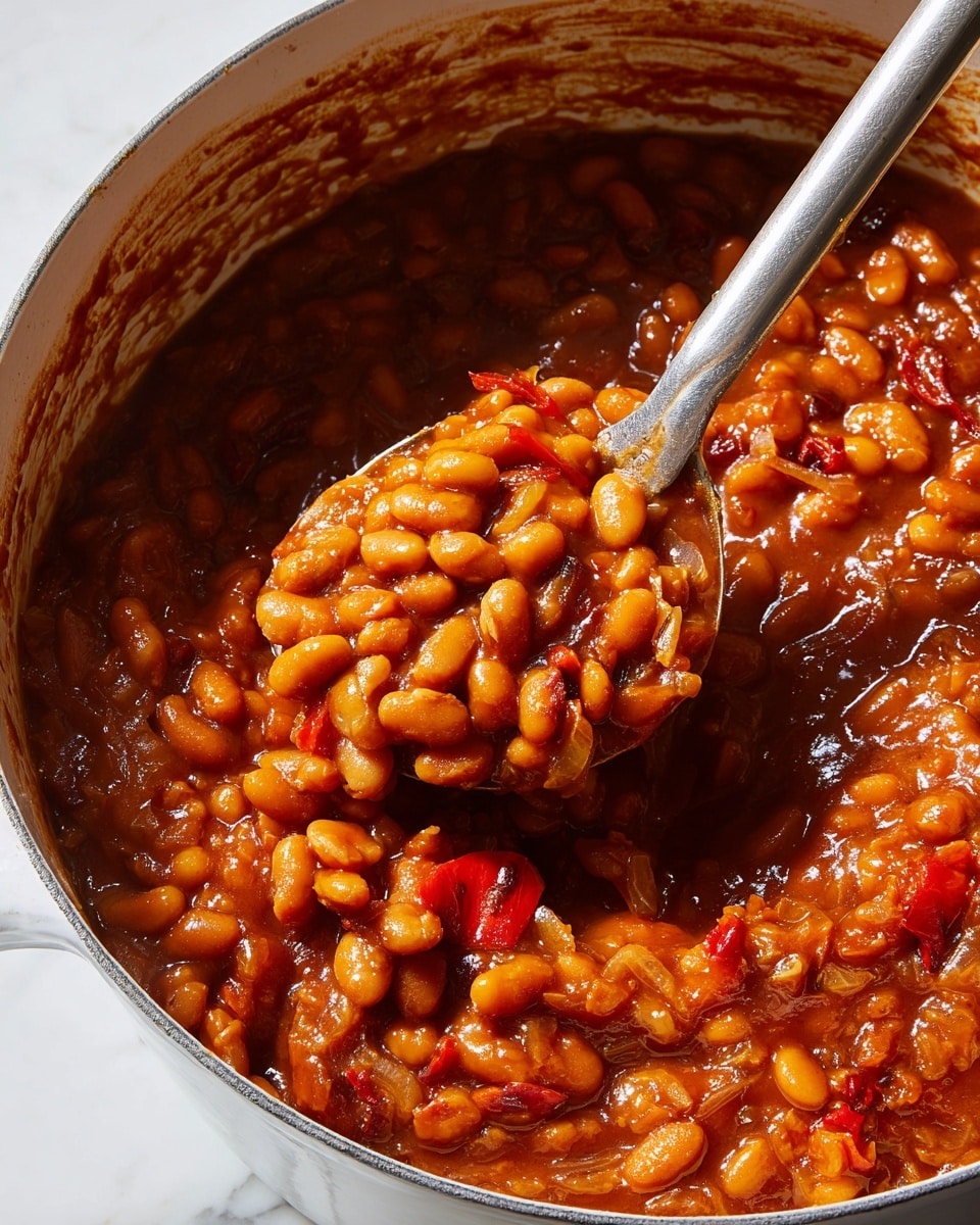 A close-up view of a large white cooking pot filled with thick baked beans in a rich, glossy reddish-brown sauce. The beans are plump and soft, coated well in the sauce, with small pieces of red bell pepper and bits of cooked onions mixed throughout, adding texture and color. A silver ladle scoops up a hefty portion of the beans, showing their soft, saucy consistency and the uneven, chunky mix of ingredients inside the pot. The background is a white marbled surface, highlighting the warm, hearty look of the beans. photo taken with an iphone --ar 4:5 --v 7