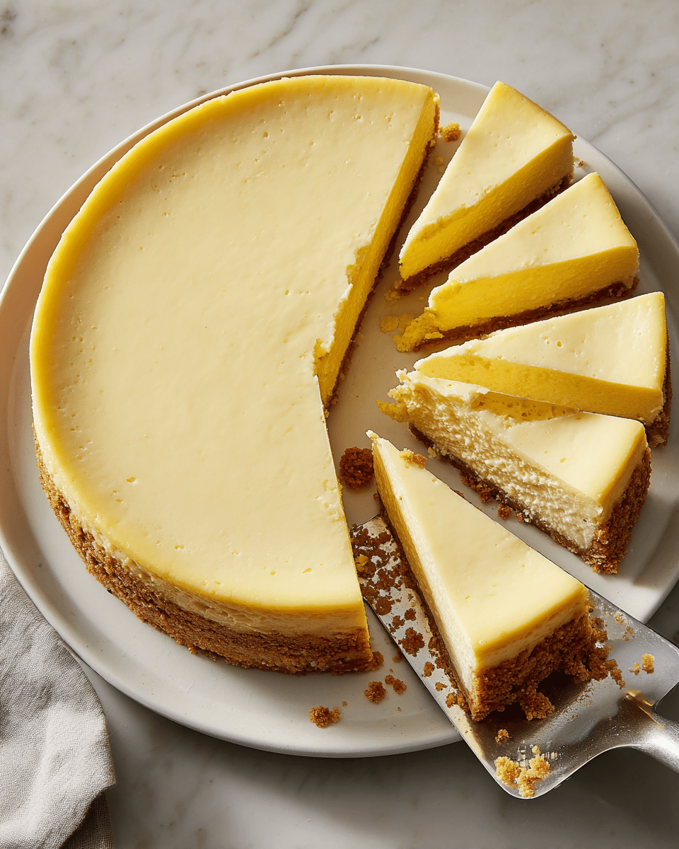 A round cheesecake sits on a white plate on a white marbled surface. The cake has two layers: a thick pale yellow smooth top layer of cheesecake filling and a thinner brown crumbly crust layer at the bottom. Several slices are cut and slightly pulled apart, showing the clear separation of the creamy top and crumbly bottom layers. One large slice is being lifted with a silver spatula, showing creamy texture and crumbly crust underneath. There are crumbs scattered on the plate near the pulled-apart slices. photo taken with an iphone --ar 4:5 --v 7