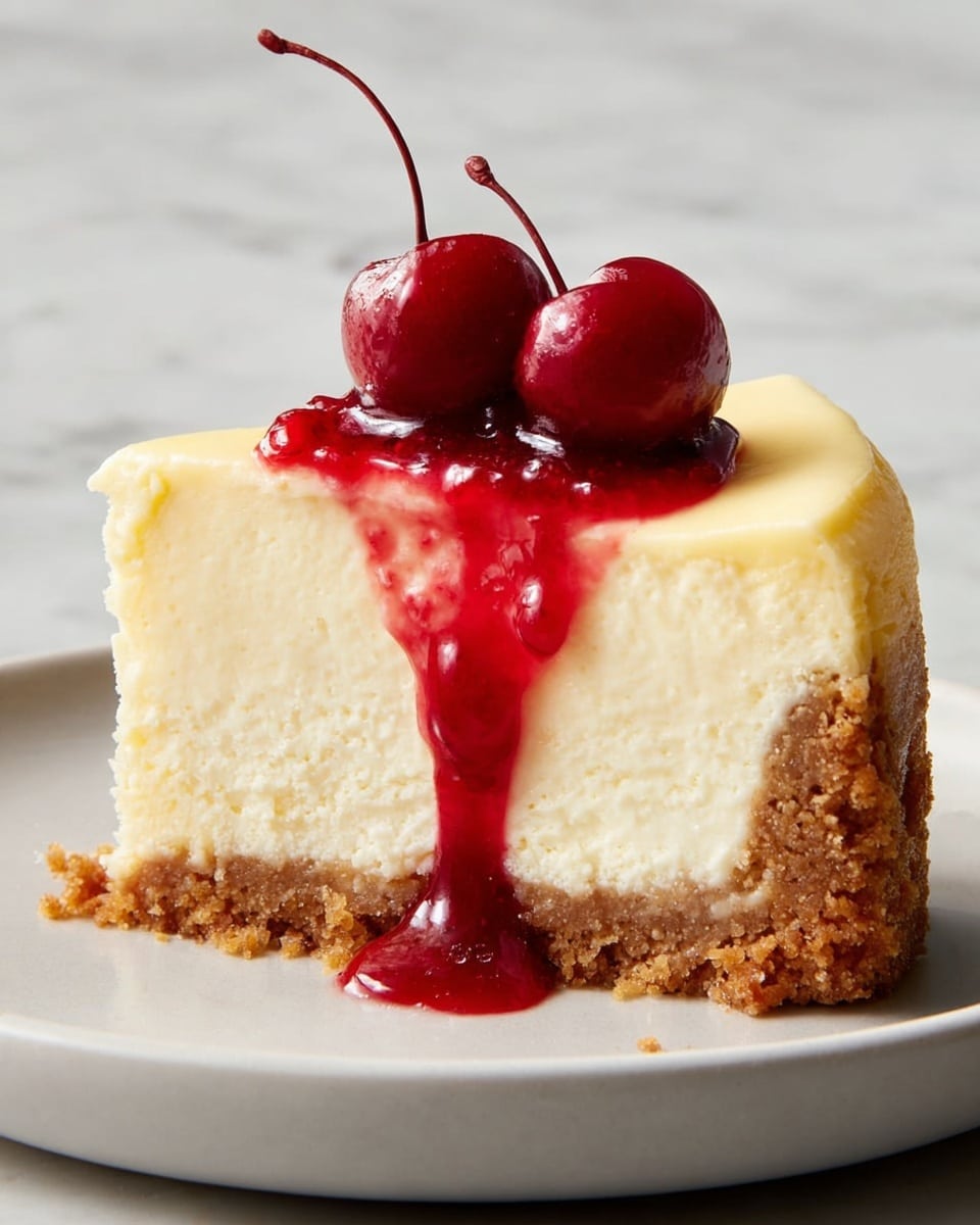 A single slice of creamy cheesecake with a thick, light yellow top layer and a dense, crumbly brown crust at the bottom; the slice is topped with two shiny, bright red cherries and a glossy red syrup drips down the side, pooling slightly at the base. The slice sits on a white plate against a white marbled surface background. photo taken with an iphone --ar 4:5 --v 7