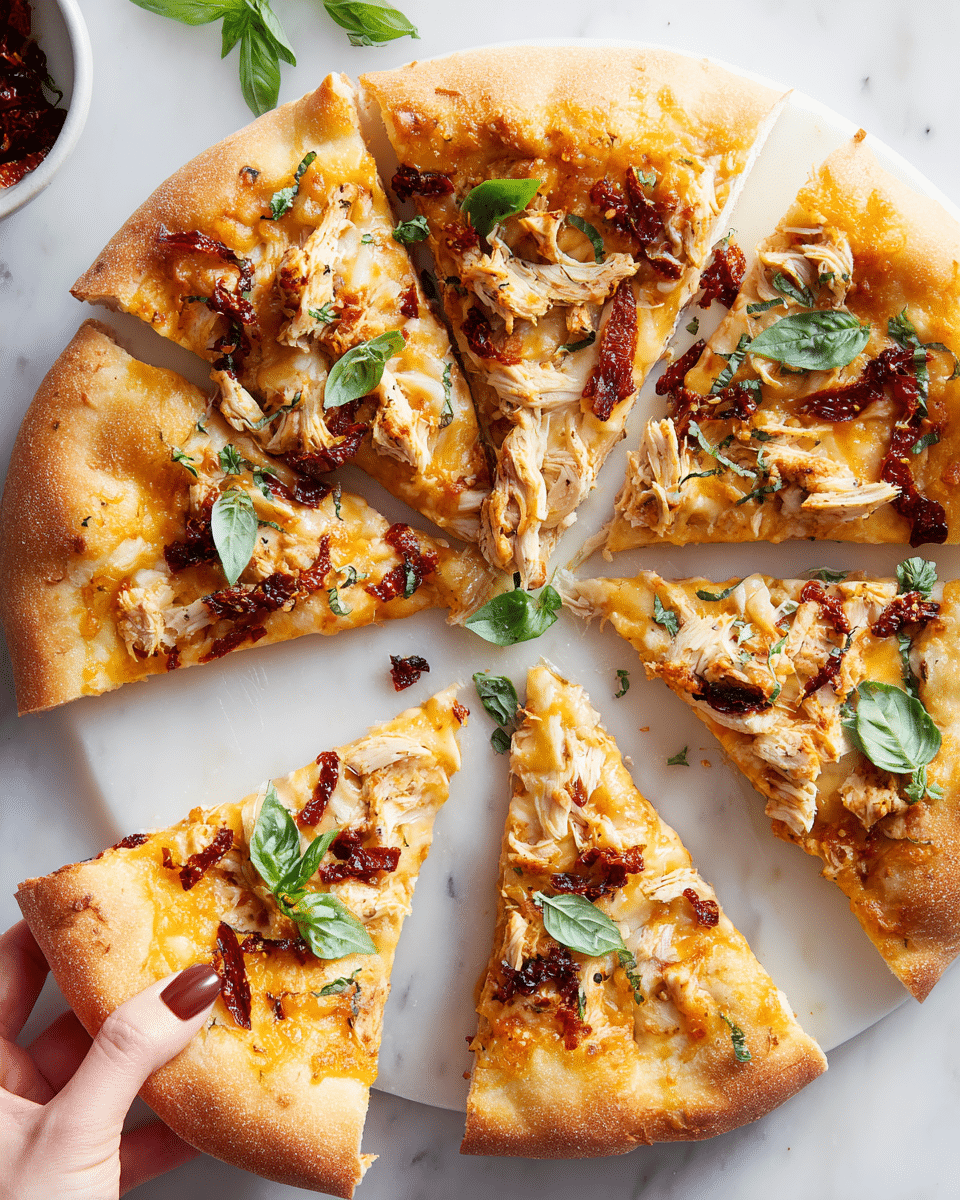 A sliced pizza arranged on a white marbled surface with six visible slices showing a golden brown crust that is thick and slightly puffed. The bottom layer is melted cheese with a creamy yellow-orange shade, topped with shredded white chicken pieces and dark red sun-dried tomato strips scattered evenly across the slices. Fresh bright green basil leaves add a pop of color on top, contrasting with the cheese and sun-dried tomatoes. A woman's hand with polished brown nails is holding one slice on the left bottom corner. Photo taken with an iphone --ar 4:5 --v 7