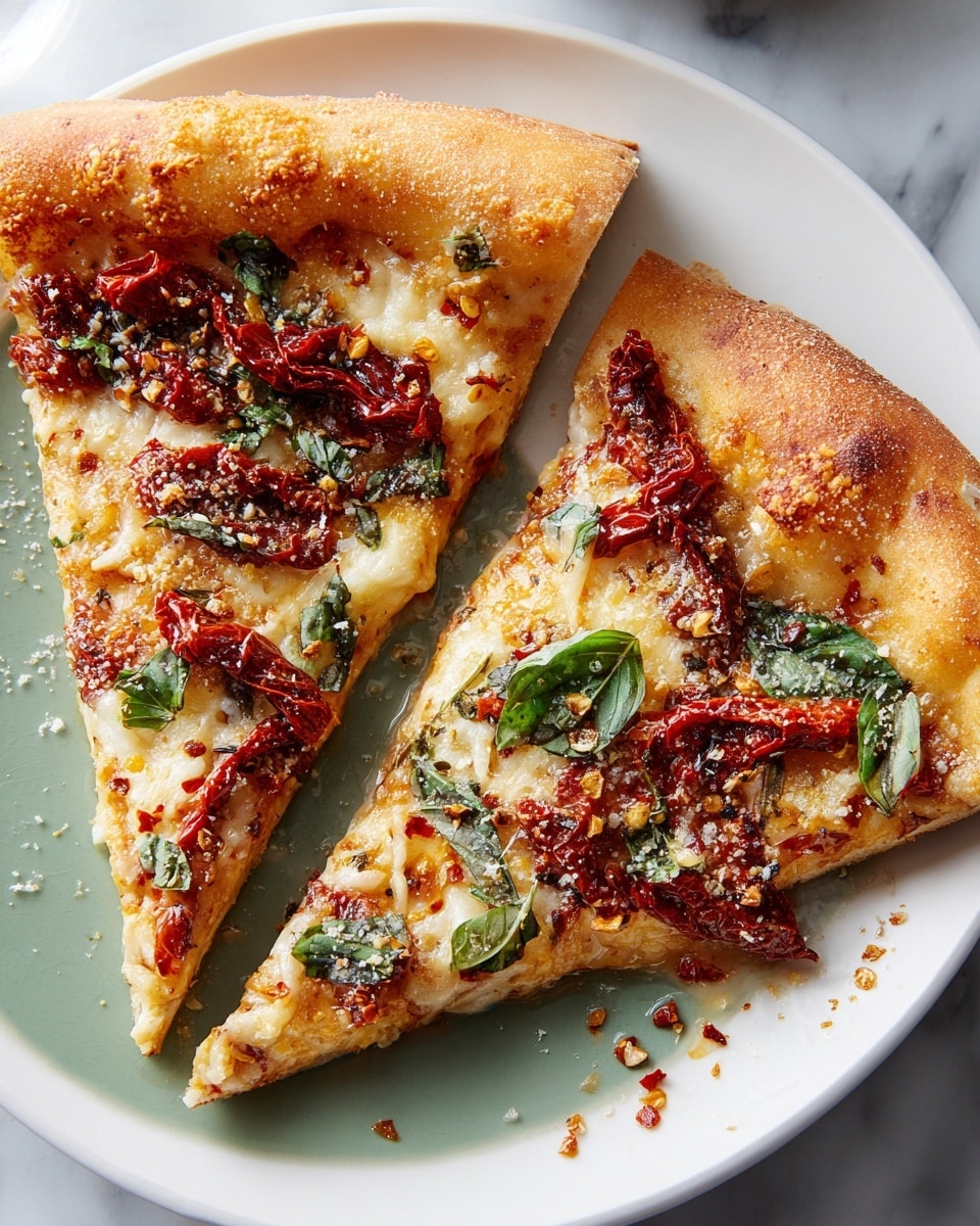 Two slices of pizza lie on a white plate with a greenish tint, placed on a white marbled surface. The pizza has three visible layers: a thick, golden brown crust on the edges; a middle layer of melted, slightly browned cheese with small brown spots; and a top layer with several pieces of dark red sun-dried tomatoes, bright green fresh basil leaves, scattered red chili flakes, and finely grated white cheese spread over the surface. Some cheese has melted unevenly creating a textured look, and small bits of seasoning are visible around the slices on the plate. Photo taken with an iphone --ar 4:5 --v 7