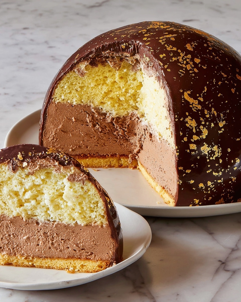A round dome-shaped cake with a shiny dark chocolate outer layer speckled with gold spots is placed on a white plate on a white marbled surface. The cake is cut to show two inner layers: a soft, light yellow sponge cake on the top and bottom, and a thick, fluffy milk chocolate mousse layer in the middle. A slice of the cake is lifted, clearly showing the smooth chocolate glaze on the outside and the contrasting creamy texture of the mousse inside, with the sponge cake layers providing structure. Photo taken with an iphone --ar 4:5 --v 7