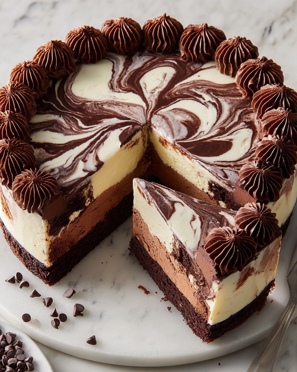 A round cake sits on a white marble board, cut into several slices revealing three clear layers from bottom to top: a dark brown moist base, a creamy light vanilla middle, and a thin smooth chocolate layer on top. The surface features a beautiful swirl pattern of dark chocolate and white cream, covering the whole top of the cake. Around the edge of the cake are evenly spaced dollops of thick, dark chocolate frosting textured with small ridges, forming a ring. Scattered chocolate chips add detail around the cake edges on the marble board. One slice is slightly pulled out, showing the clean layers and smooth textures inside. Photo taken with an iphone --ar 4:5 --v 7