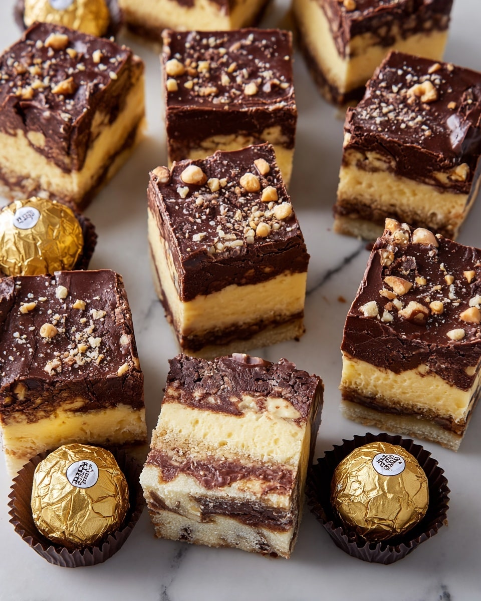 Several square pieces of layered dessert are spread over a white marbled surface. Each piece has three distinct layers: a light brown bottom layer that looks soft, a thick creamy yellow middle layer, and a shiny dark chocolate top layer sprinkled with small bits of crushed nuts. Some pieces show a chocolate hazelnut center visible inside the layers. Around the dessert squares are wrapped golden Ferrero Rocher chocolates in dark brown paper cups. The overall look is rich and textured with a mix of smooth, creamy, and crunchy elements. Photo taken with an iphone --ar 4:5 --v 7