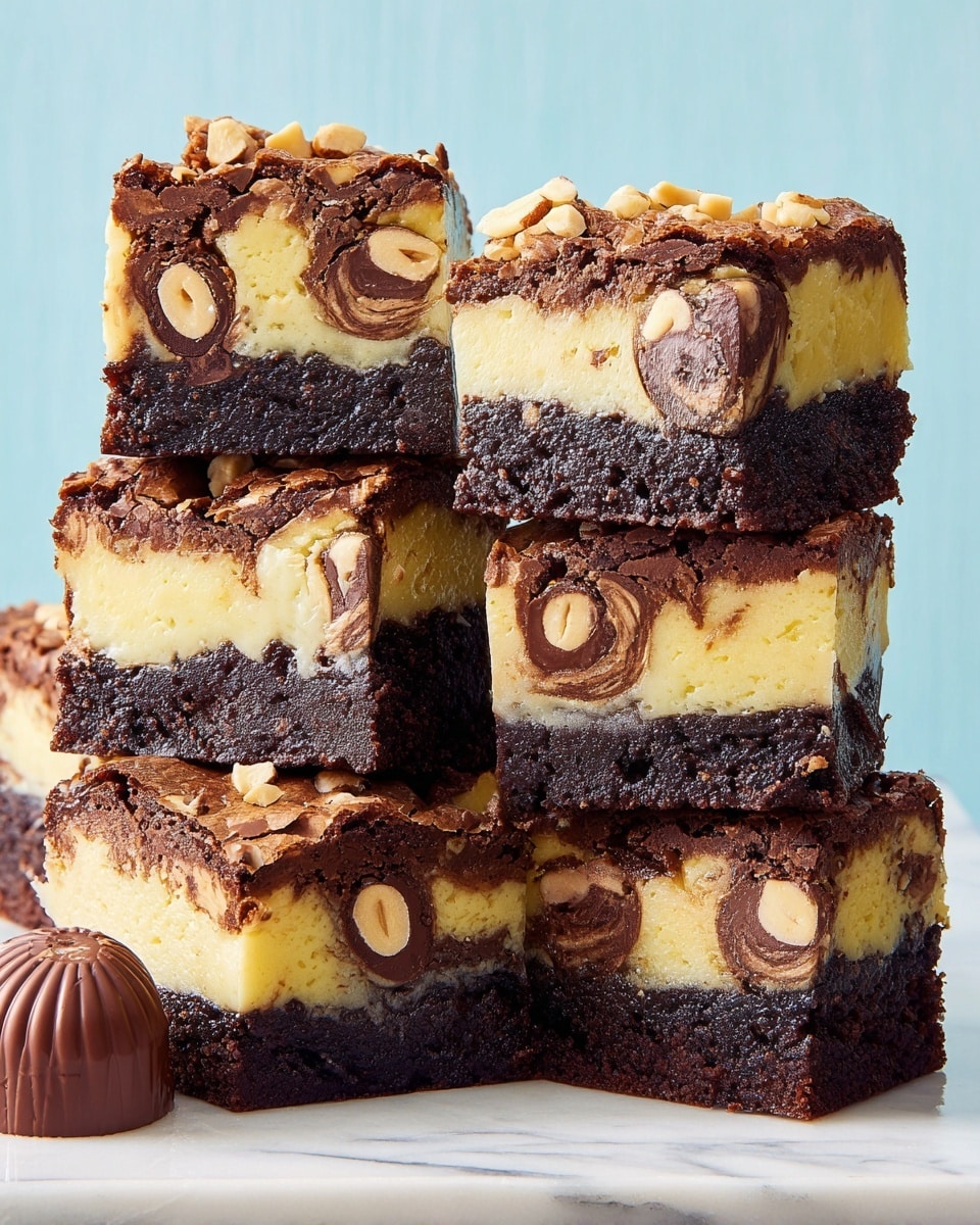 The image shows five stacked brownie squares on a white marbled surface, each square with three clear layers: a dark, fudgy chocolate brownie base bottom, a thick creamy yellow cheesecake middle, and a smooth chocolate top layer sprinkled with small pieces of nuts. Inside the brownies, there are round chocolate swirls with hazelnuts visible in the center, adding texture and contrast. The brownies are neatly cut with sharp edges, and a small whole wrapped chocolate sits to the left side. The background is a soft blue color. photo taken with an iphone --ar 4:5 --v 7