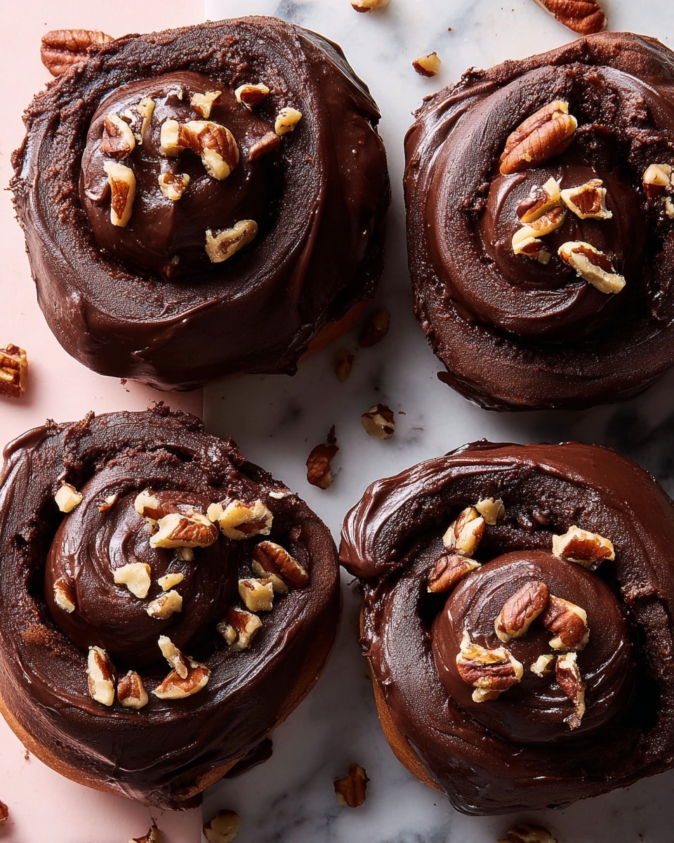 Four chocolate cinnamon rolls are placed close together on a white marbled surface. Each roll has two visible layers: a dark brown, soft and thick base swirl with a rich, glossy layer of dark chocolate frosting spread smoothly on top. Small pieces of light brown chopped pecans are scattered on the frosting and around the rolls. The texture of the rolls looks moist and slightly crumbly at the edges. Photo taken with an iphone --ar 4:5 --v 7