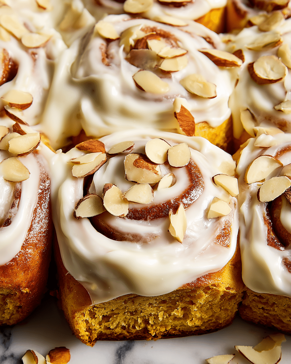 Close-up of four cinnamon rolls with a golden brown base dough showing visible swirl layers, topped with smooth, creamy white icing thickly spread over the top. Light brown sliced almonds and whole almonds are scattered on top of the icing, adding texture and contrast to the dessert. The cinnamon rolls are closely placed together on a white marbled surface, highlighting their soft and moist texture. Photo taken with an iphone --ar 4:5 --v 7
