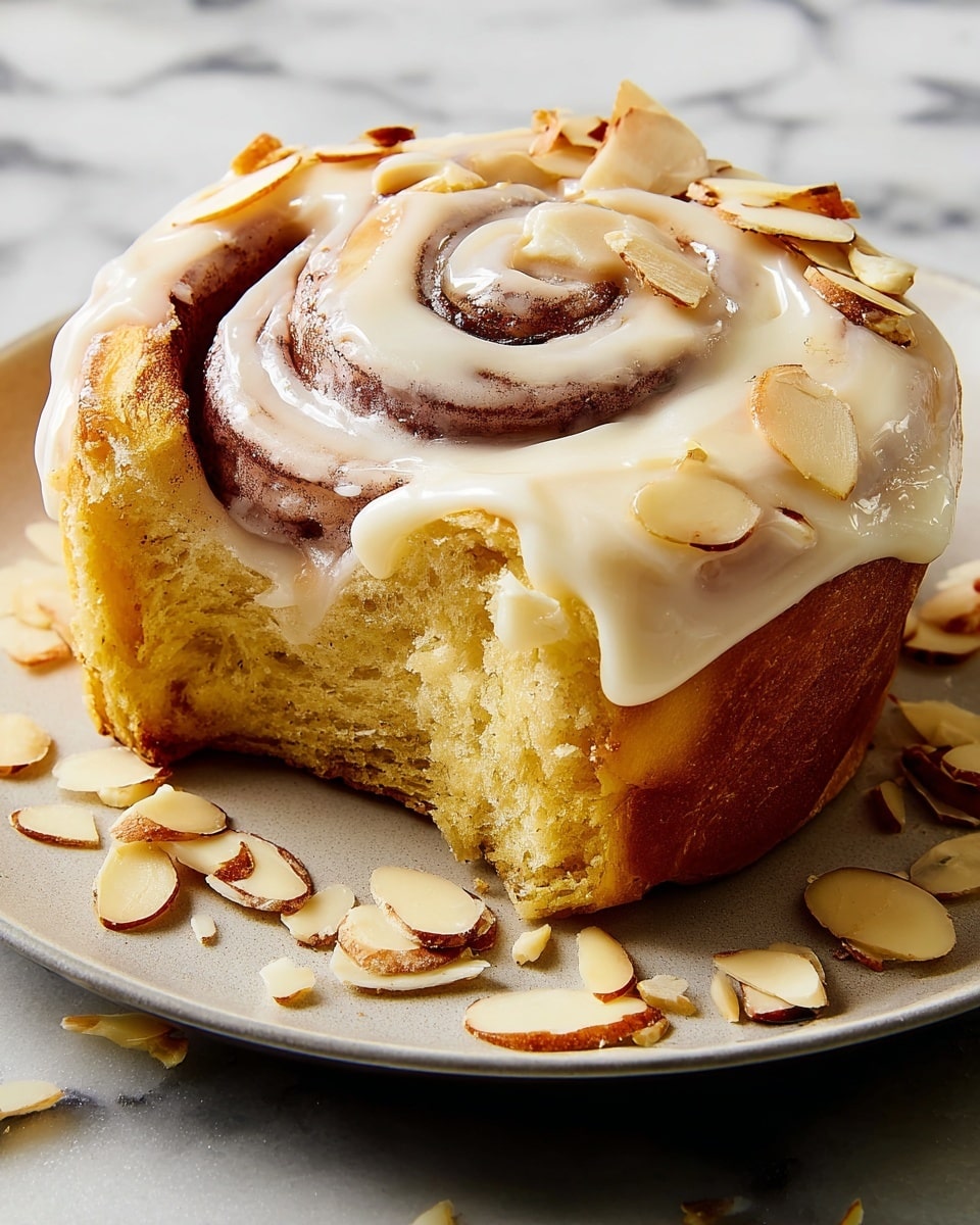 A single cinnamon roll sits on a white plate, showing one bite taken from its side. The cinnamon roll has two main layers: a thick, soft golden brown dough base with a visible swirl of darker cinnamon filling on top. The top is covered with a smooth, creamy white icing that partially drapes over the edges and the cinnamon swirl. Scattered on top and around the plate are pale beige almond slices with brown edges, adding texture and contrast. The background is a white marbled surface. photo taken with an iphone --ar 4:5 --v 7