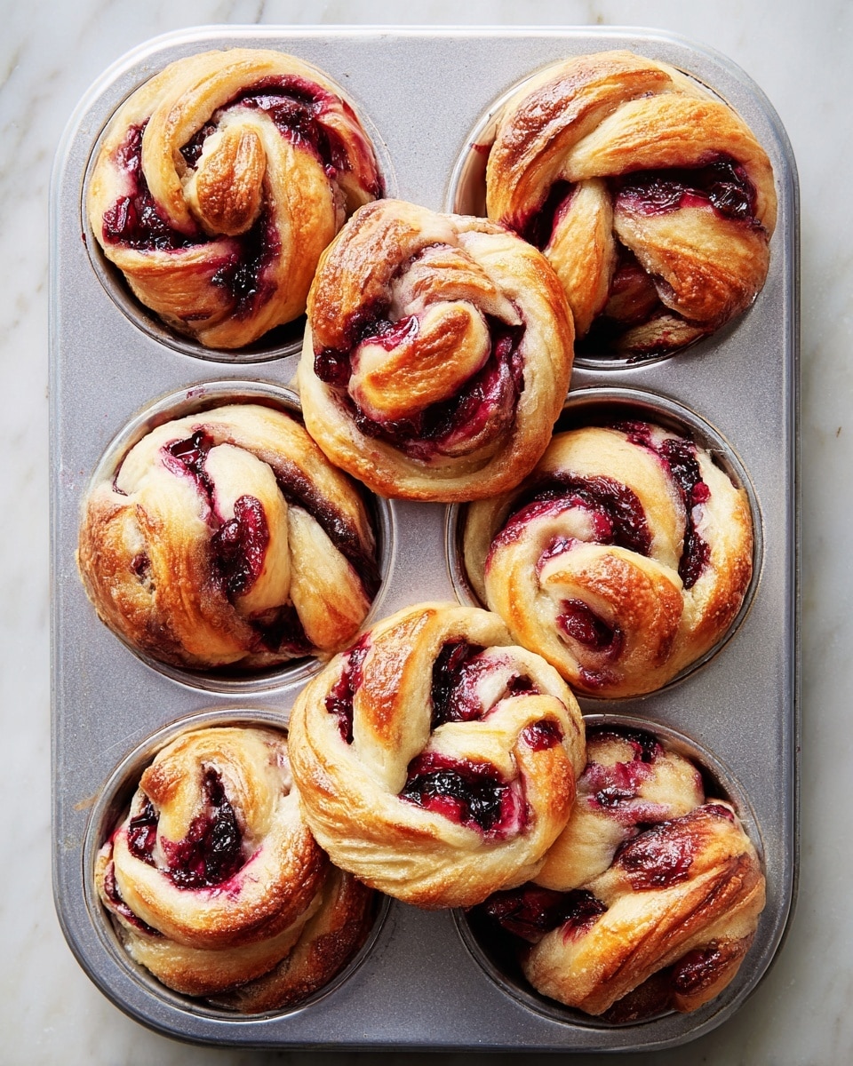 Nine golden brown twisted buns with visible layers of dough and dark red berry filling are baked in a silver metal muffin tray. Each bun shows swirls and knots with the berry filling oozing through the soft, fluffy dough in different places. The buns have a slightly shiny crust with some darker spots from baking, and the berry filling looks juicy and thick, creating a nice contrast of deep red and light golden colors. The tray sits on a white marbled surface, and the image captures the buns from above, showing the texture and detail clearly. photo taken with an iphone --ar 4:5 --v 7