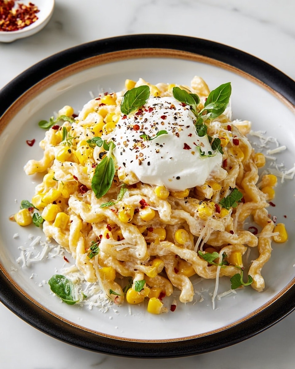 A large serving of twisted pasta coated in a creamy white sauce, mixed with bright yellow corn kernels scattered throughout, sits on a round white plate with a dark inner surface and a light brown rim. On top, there is a thick dollop of smooth white cream sprinkled with crushed black pepper and red chili flakes. Fresh green basil leaves and small green herb sprigs are placed around and on the pasta for color contrast. Shredded cheese is lightly sprinkled over the dish. The plate rests on a white marbled surface. photo taken with an iphone --ar 4:5 --v 7