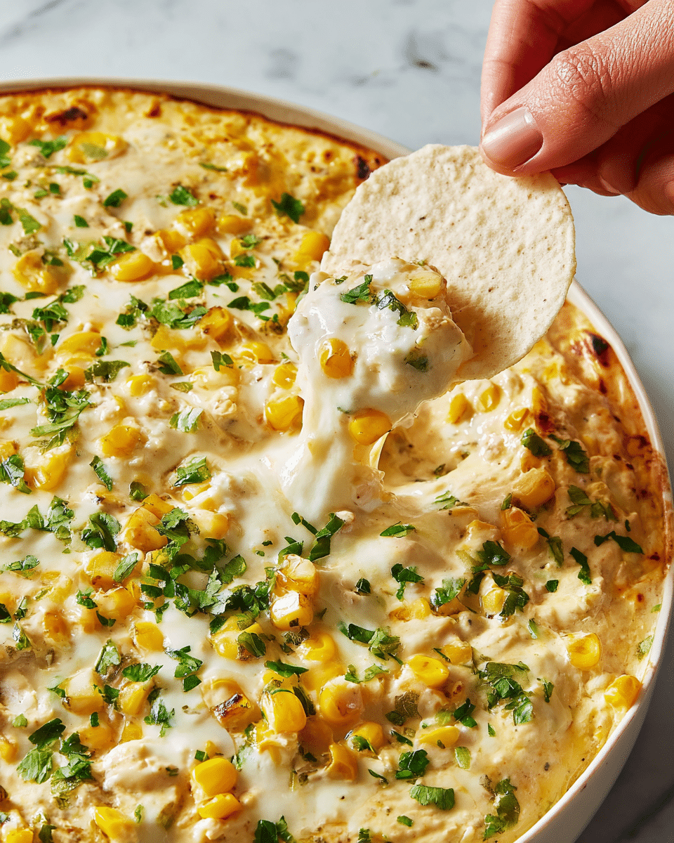 A close-up view of a creamy dip in a white round dish, with a thick, melted cheese layer mixed with small chunks of corn and diced green herbs spread evenly on top. The dip has a soft, smooth, and slightly gooey texture with melted cheese strands pulling up from the scoop. Bright green herb leaves are scattered widely over the creamy yellow and white dip layers. A woman's hand is holding a lightly textured, off-white chip scooping up a portion of the dip from the edge. The background is a white marbled texture. photo taken with an iphone --ar 4:5 --v 7