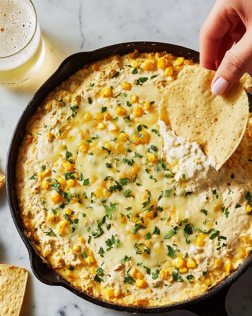 A close-up view of a cast iron skillet filled with creamy cheese dip topped with melted yellow and white cheese, scattered pieces of yellow corn, and chopped green herbs. The edges show a light golden crust with some bubbling cheese, while the middle has a smooth, melty texture. A woman's hand is dipping a large, pale yellow tortilla chip into the dip on the right side of the skillet. To the left, part of a glass filled with a light frothy beverage sits on a white marbled surface. Photo taken with an iphone --ar 4:5 --v 7
