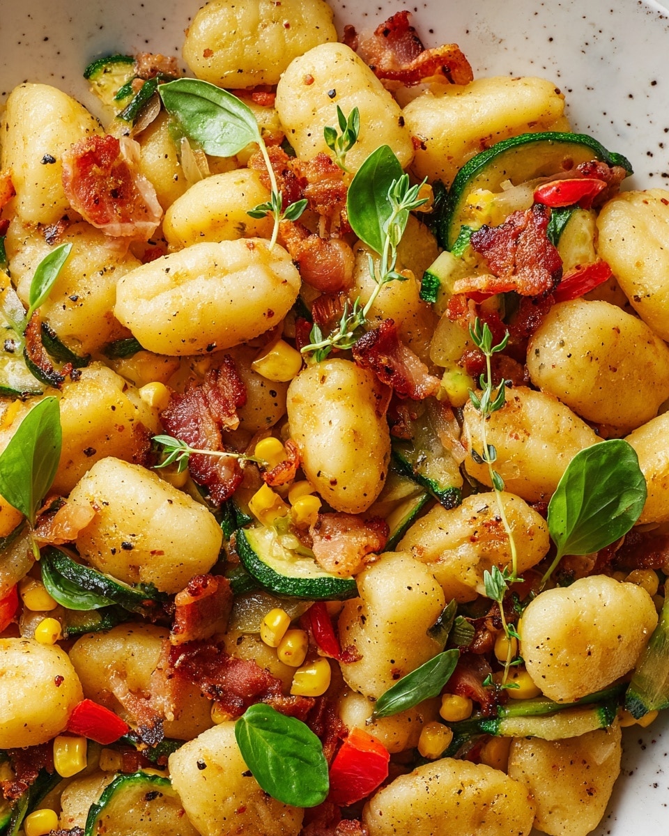 This close-up image shows a dish with several layers of small, golden gnocchi scattered throughout. The gnocchi have a soft, slightly browned texture with specks of black pepper. Mixed among the gnocchi are bright yellow corn kernels, crisp green basil leaves, small pieces of red bell peppers, and browned bacon bits that add a crispy texture. Thin slices of green zucchini with a slightly soft, cooked look are also mixed in. Small sprigs of fresh green thyme rest on top, adding a delicate touch of herbs. The dish is seen against a white marbled background, capturing a fresh and colorful feel. photo taken with an iphone --ar 4:5 --v 7