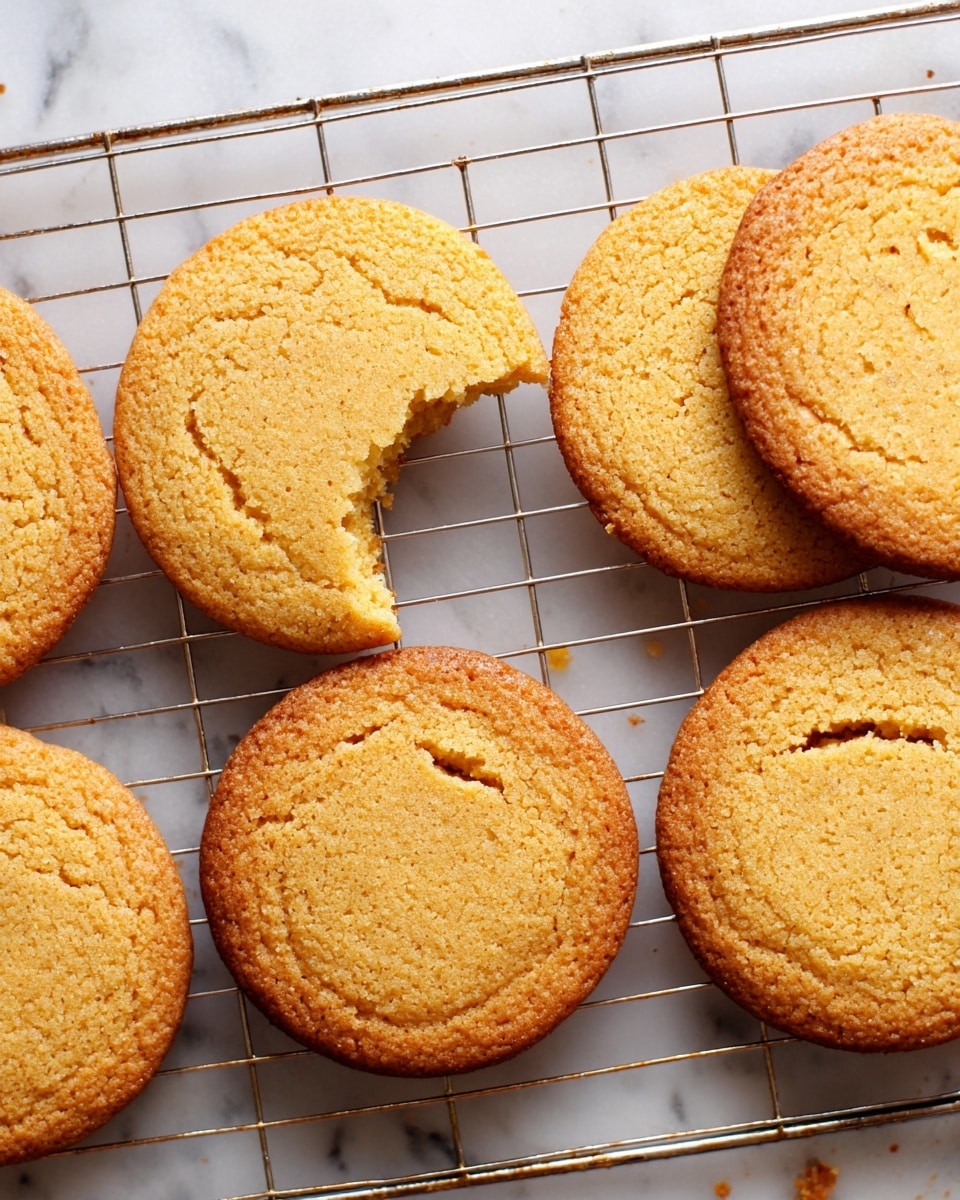 The image shows six golden brown cookies cooling on a metal wire rack placed over a white marbled surface. One cookie in the center has a bite taken out of it, revealing a soft, slightly crumbly texture inside with a light yellow hue. The cookies have a slightly crispy edge with a more tender middle, and their surfaces show small, even air holes typical of a well-baked cookie. There are a few small cookie crumbs scattered below the bitten cookie on the rack. photo taken with an iphone --ar 4:5 --v 7