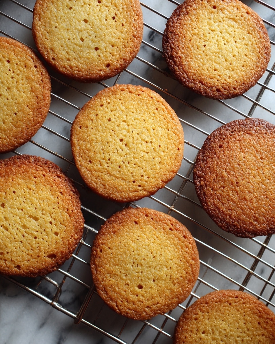 Round golden brown cookies with a slightly rough texture and darker edges are placed on a metal cooling rack, which is set on a surface with a white marbled texture. The cookies have a handmade look with tiny holes and uneven browning, showing a freshly baked appearance. Photo taken with an iphone --ar 4:5 --v 7