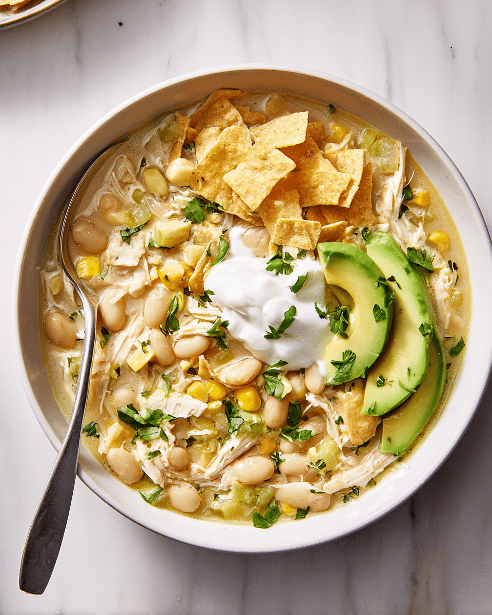 A white bowl filled with creamy chicken soup containing white beans, corn kernels, small chopped onions, green herbs, and shredded chicken. The soup has crunchy broken tortilla chips scattered on top, with a dollop of white sour cream or yogurt placed slightly off-center. Three slices of fresh green avocado rest neatly on one side, garnished with small green herb leaves. A metal spoon is resting inside the bowl on the left side, and the bowl sits on a white marbled surface. photo taken with an iphone --ar 4:5 --v 7
