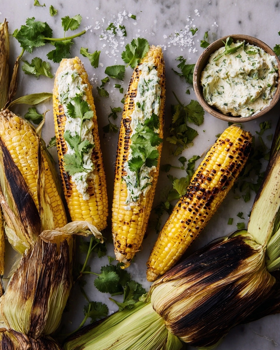 The image shows five corn ears arranged on a white marbled surface, three of which are peeled to reveal bright yellow kernels and topped with a creamy white butter mixed with green herbs, garnished with fresh green cilantro leaves. Two ears remain partly covered in charred brown husks with visible grill marks. To the side, there is a small bowl filled with the same creamy herb butter, showing a chunky texture with green bits. Scattered cilantro leaves and coarse salt crystals add detail to the scene. photo taken with an iphone --ar 4:5 --v 7
