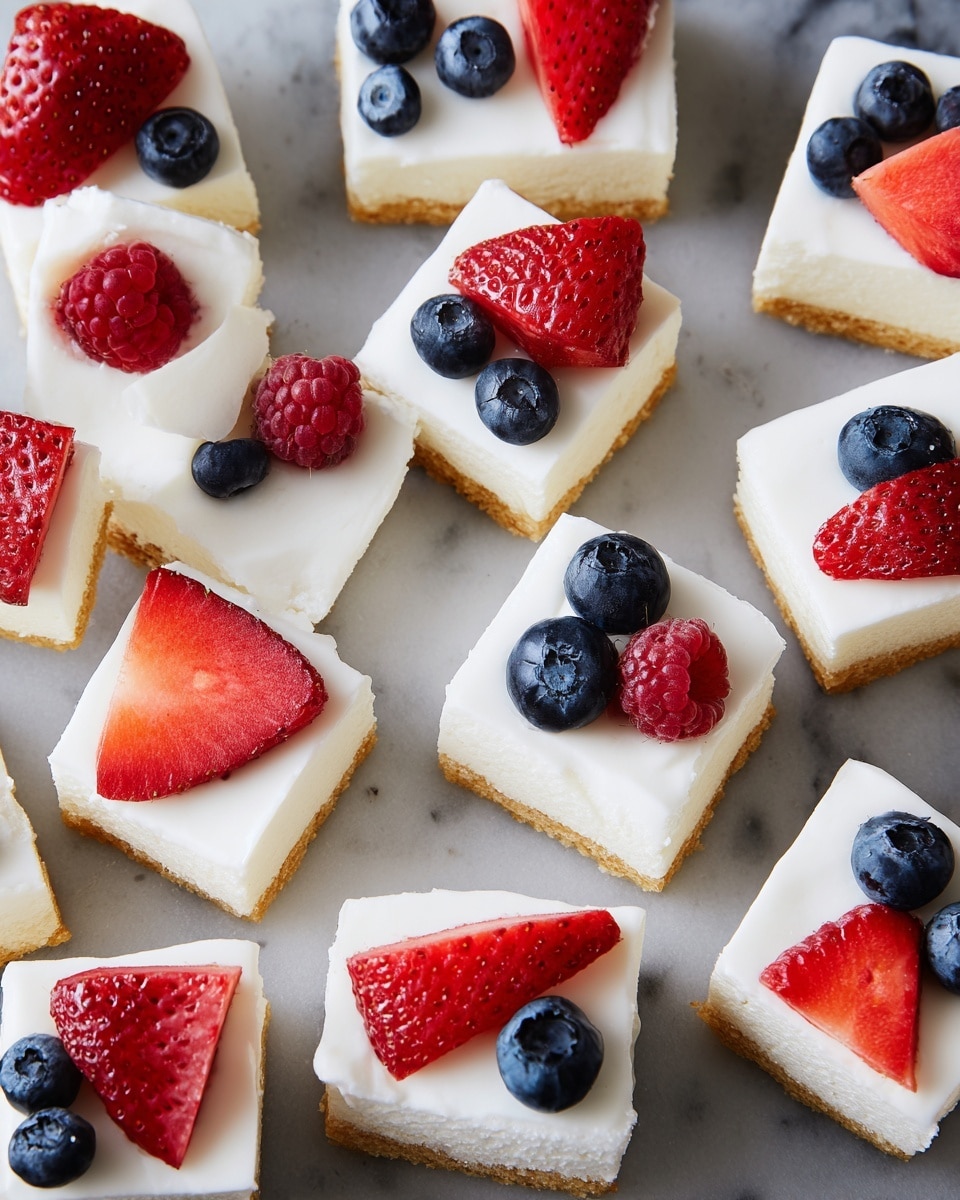The image shows many small square-shaped treats arranged evenly on a white marbled surface. Each treat has three layers: the bottom layer is a thin, light brown cookie base smooth in texture; the middle layer is thick and white, looking like creamy frosting spread evenly across the top of the cookie. The top layer features different fresh berries—some pieces have two or three deep blue blueberries, others have bright red strawberry slices placed flat on top, and a few have a single red raspberry, adding a bright and textured contrast to the smooth white frosting. The berries look fresh and slightly glossy, giving a fresh feel to the neat, square-shaped treats. photo taken with an iphone --ar 4:5 --v 7