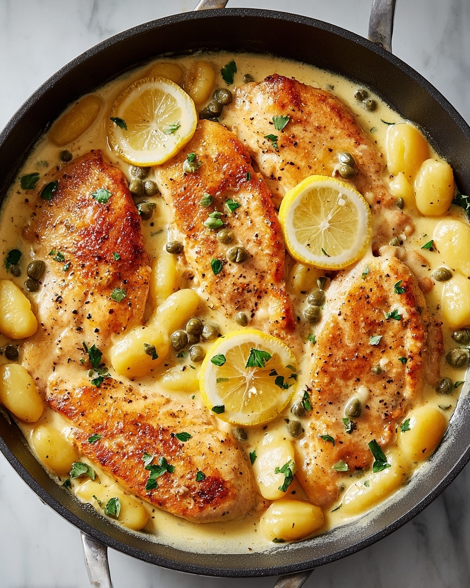 A black skillet holds a dish with four browned chicken breasts sitting on top of creamy yellow gnocchi, all covered in a smooth light yellow sauce. Thin bright yellow lemon slices are partly under and on the chicken, along with small green capers and scattered chopped green herbs adding color. The sauce has a slight gloss, and black pepper flakes are sprinkled on top. The skillet rests on a white marbled texture background. photo taken with an iphone --ar 4:5 --v 7