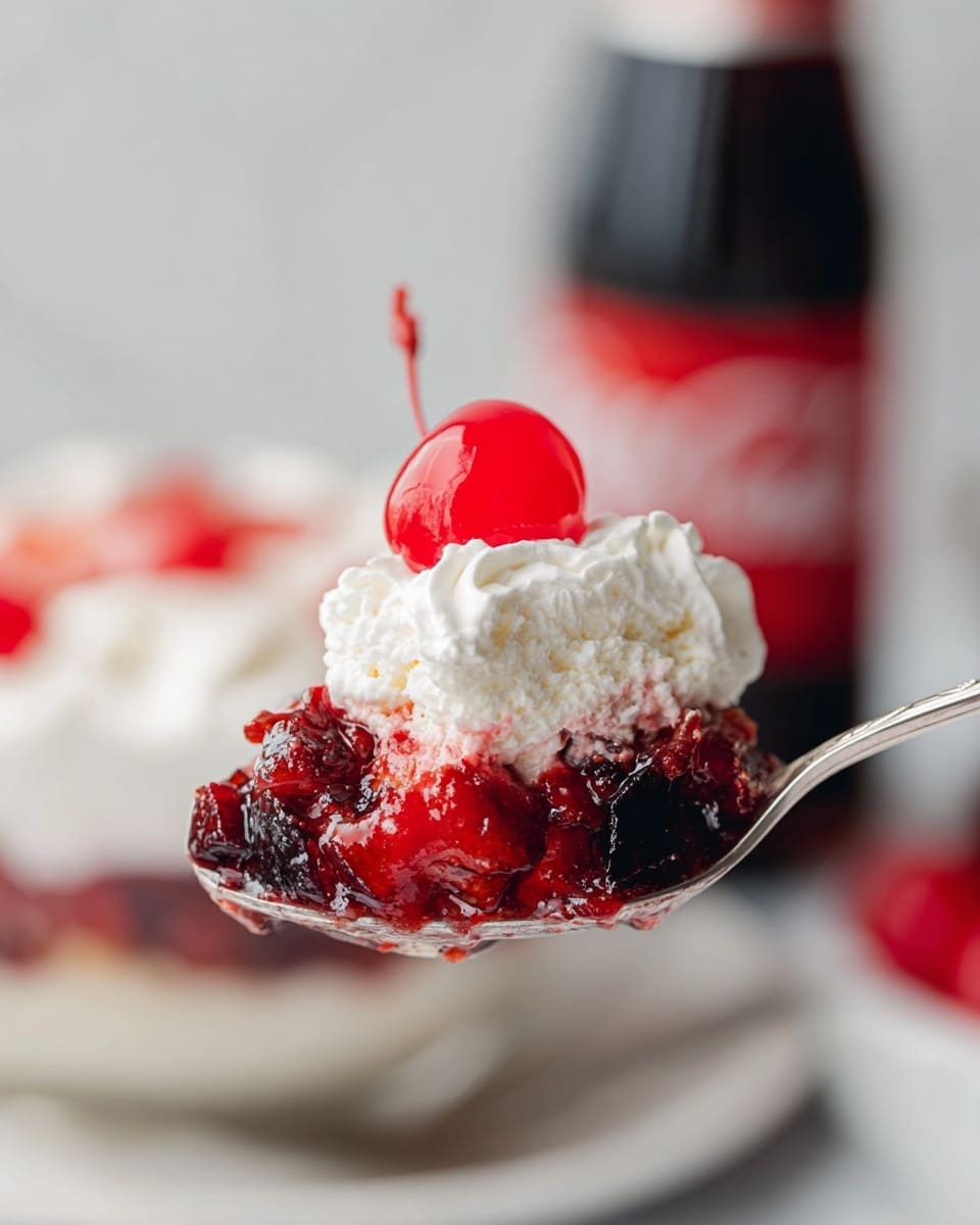 A close-up of a spoon holding a layered dessert showing three main layers: the bottom layer is a chunky, dark red and bright red mixed fruit layer with visible pieces of fruit, the middle layer is a dollop of soft, white whipped cream, and the top layer is a shiny, smooth bright red cherry placed slightly off-center. In the background, there is a blurred white marbled surface with a white dish topped with whipped cream and cherries, and a blurred dark bottle with a red label. Photo taken with an iphone --ar 4:5 --v 7