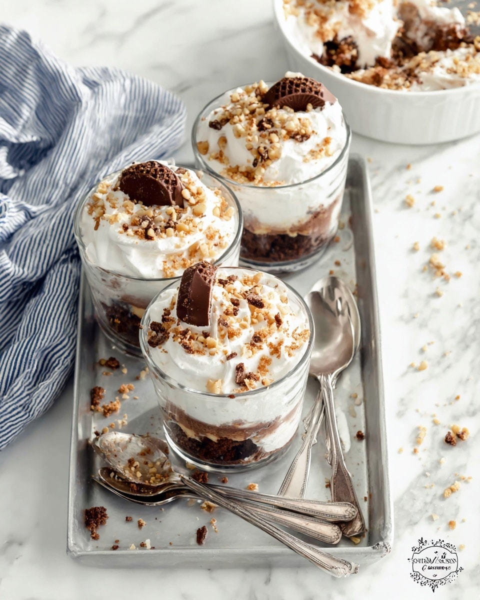 Three clear glass cups are filled with multiple layers starting with dark brown crumbled cake at the bottom, followed by a thick layer of creamy white whipped topping, sprinkled generously with crushed light brown nuts and chocolate bits. Each cup is topped with a dollop of white whipped cream, decorated with a piece of chocolate candy and more crushed nuts scattered on top. The cups sit on a rectangular silver tray placed on a white marbled surface, alongside some vintage silver spoons and a silver spoon covered with cake crumbs and cream. A white bowl filled with the dessert is partially visible at the top right, with similar layers and toppings. A blue-striped cloth is casually draped on the surface on the top left. Photo taken with an iphone --ar 4:5 --v 7