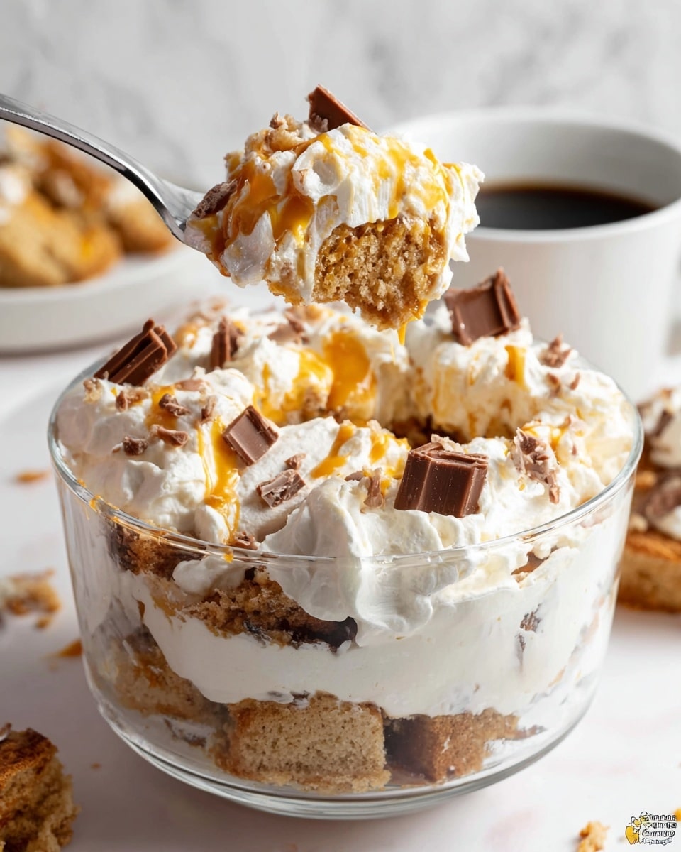 A clear glass bowl filled with a layered dessert showing three main parts: the bottom layer is light brown cake cubes with a soft, crumbly texture; the middle layer is creamy white whipped topping mixed with swirls of light caramel sauce; the top layer has more white whipped cream topped with small bits of crunchy caramel and a few small, square pieces of dark chocolate. A spoon lifting a bite of the dessert reveals the same layers closely packed, with the caramel and whipped cream blending smoothly. The background has a white marbled texture, with a white cup of black coffee blurred behind the dessert. photo taken with an iphone --ar 4:5 --v 7