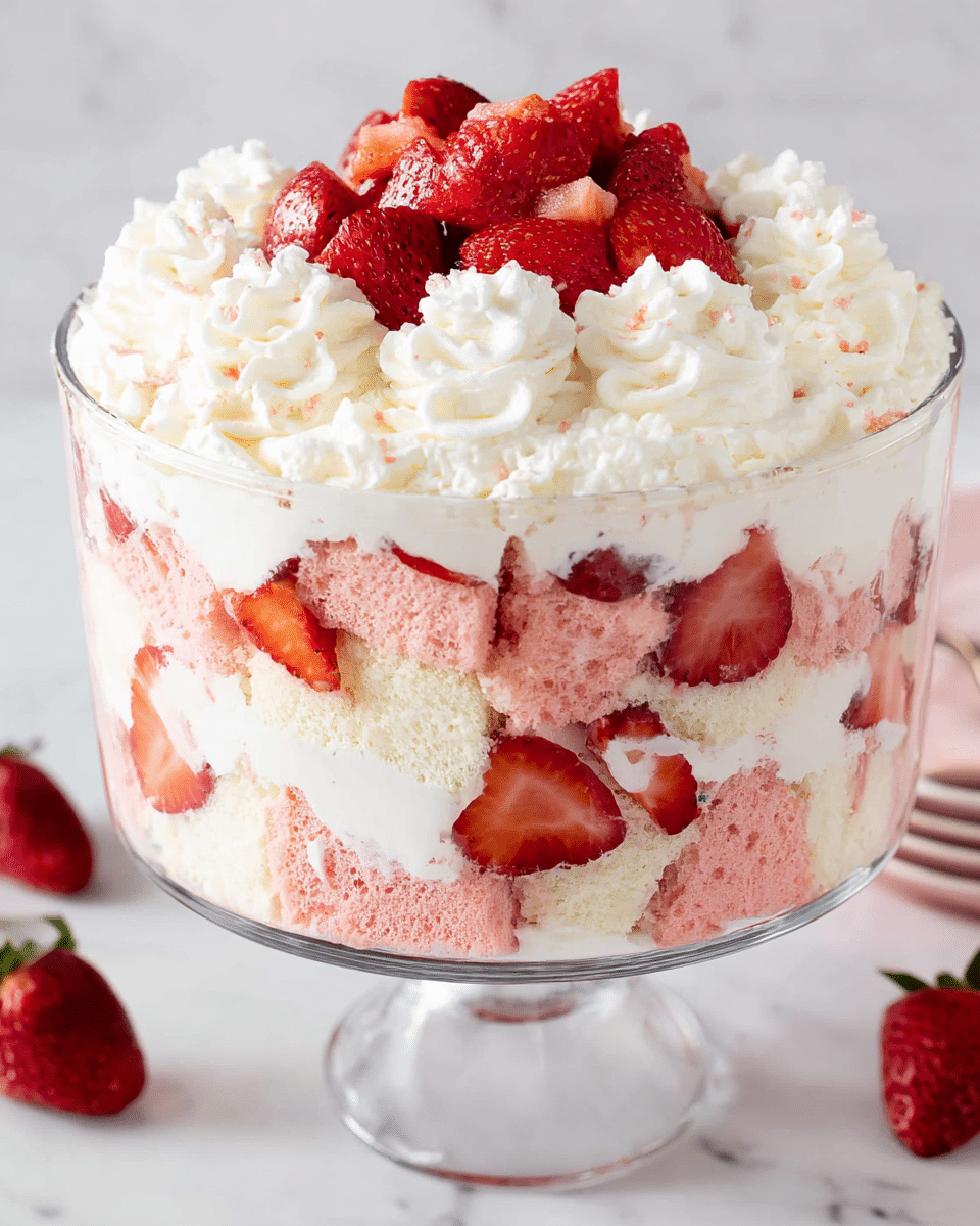 A clear glass trifle bowl holds a three-layer dessert standing on a white marbled surface. The bottom layer is light pink sponge cake with a soft and porous texture. Above it is a creamy white layer mixed with fresh, bright red strawberry slices pressed against the glass. This is followed by another layer of pink sponge cake, topped again by a thick layer of the creamy white mixture with more strawberry slices peeking through. The top layer is a fluffy white whipped cream piped in swirls, crowned with several halved, vibrant red strawberries placed on top. The background is a clean white marbled texture with a few whole strawberries scattered around. photo taken with an iphone --ar 4:5 --v 7