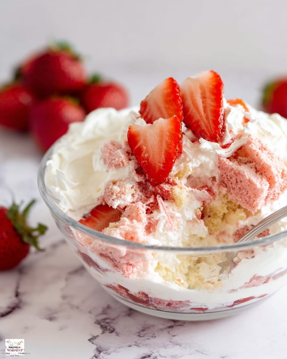 A close-up view of a dessert in a clear glass bowl shows three main layers: at the bottom, smooth white whipped cream forms a soft base; in the middle, light pink strawberry cake pieces with a spongy texture are piled unevenly; the top layer includes fresh, red strawberry slices with visible seeds that add a bright splash of color. The whipped cream is also mixed lightly on the cake pieces, creating a creamy contrast with the cake’s crumbly texture. In the background, whole fresh strawberries sit slightly out of focus on a white marbled surface. Photo taken with an iphone --ar 4:5 --v 7