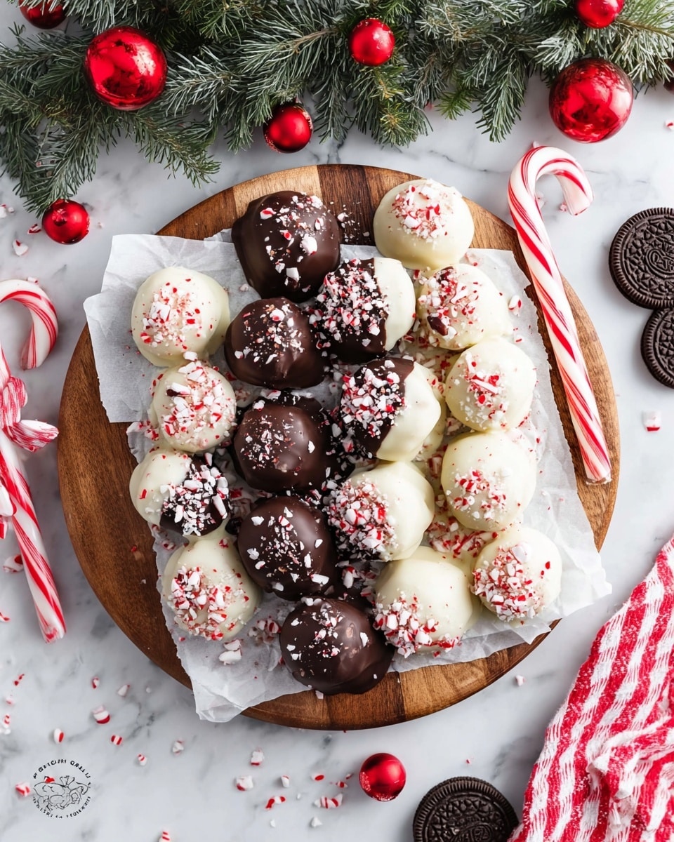 A wooden round board holds a layer of white parchment paper topped with two types of chocolate-covered treats: dark chocolate-covered sweets with a smooth texture and white chocolate-covered sweets with a glossy finish. Both types are sprinkled with crushed red-and-white peppermint candy pieces for a festive look. Around the board, there are red and white striped candy canes, red Christmas tree ornaments, and a few Oreo cookies. Part of a Christmas tree branch with red baubles is visible in the upper left corner, all set on a white marbled surface. photo taken with an iphone --ar 4:5 --v 7