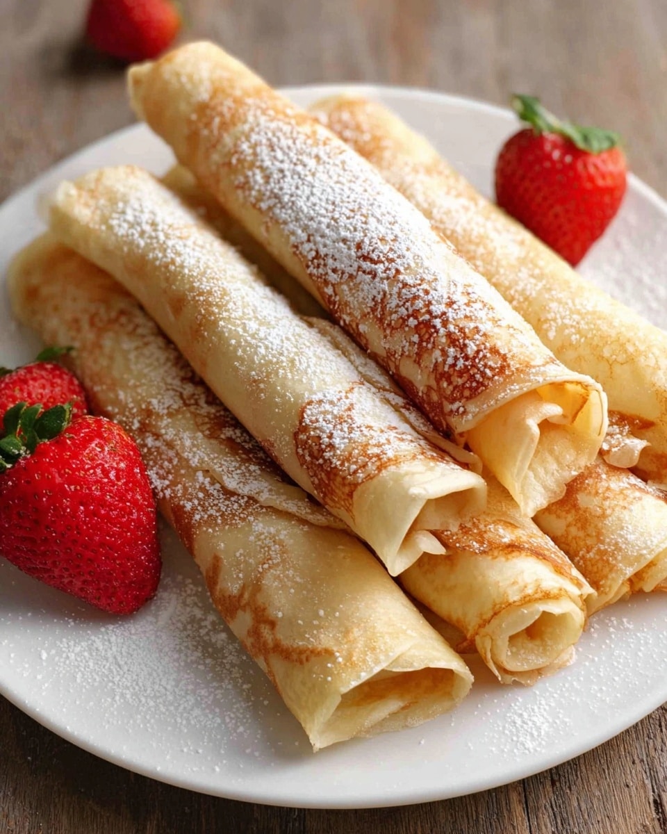 The image shows a white plate filled with six rolled thin crepes, stacked unevenly. Each crepe has a light golden-brown color with a soft, slightly crispy texture. There is a dusting of white powdered sugar spread unevenly on top of the crepes. Around and on top of the crepes, there are three whole red strawberries with green leaves, adding a fresh and bright touch. The plate is placed on a wooden surface, but for the new image, this should be changed to a white marbled texture. Photo taken with an iphone --ar 4:5 --v 7