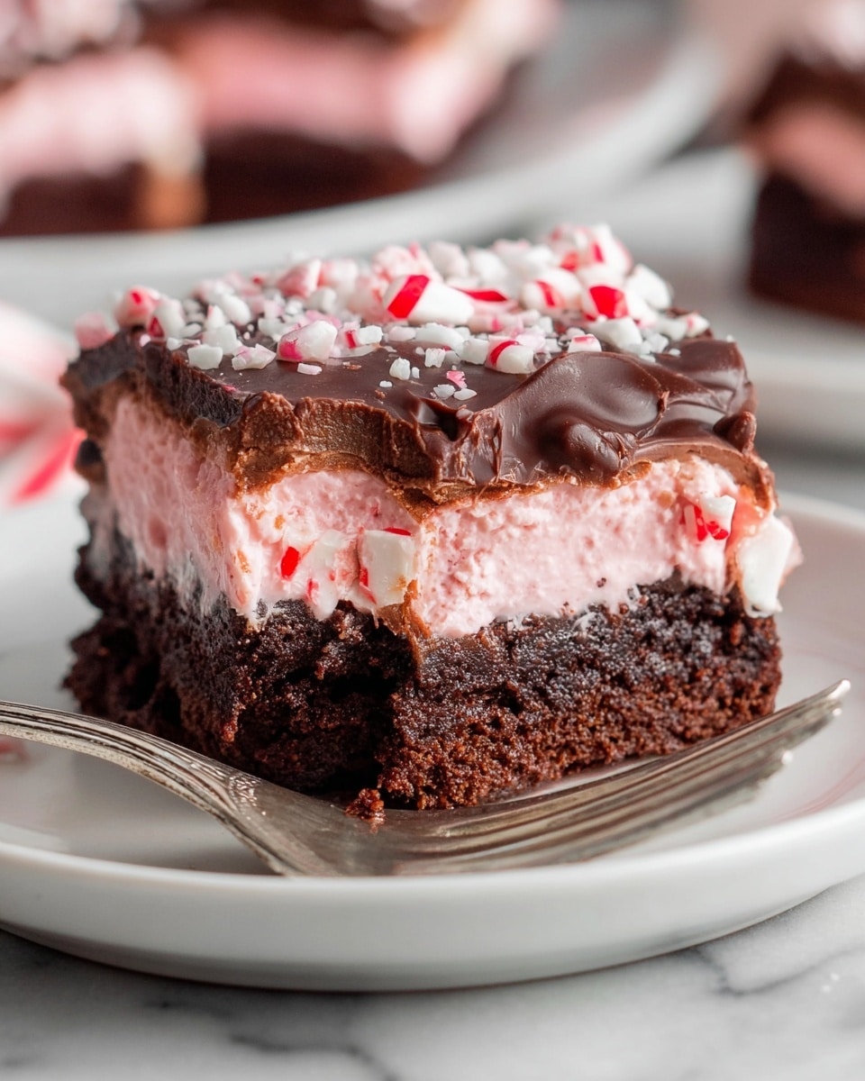 A close-up of a dessert square on a white plate with a silver fork holding a piece of the dessert. The dessert has three distinct layers: the bottom layer is a dark brown, dense chocolate brownie base with a slightly crumbly texture; the middle layer is a thick pink creamy filling that looks smooth and fluffy; the top layer is a rich, dark chocolate ganache with a glossy texture, sprinkled with small white and red crushed peppermint candy pieces. The setting includes a white marbled surface with a soft, blurred background. photo taken with an iphone --ar 4:5 --v 7