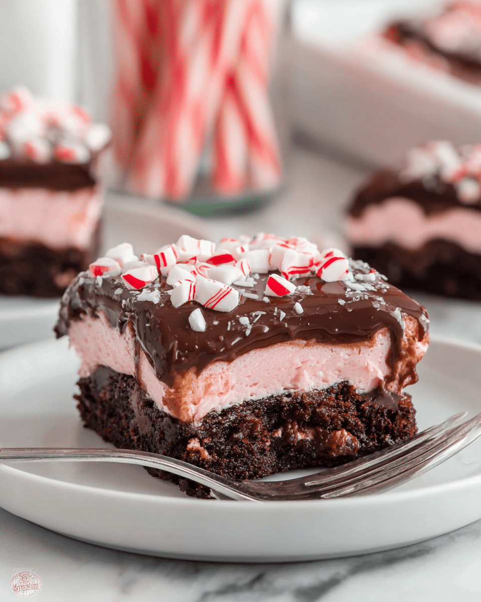 A close-up of a three-layer dessert square on a white plate with a fork holding a small piece at the front right. The bottom layer is dark brown and looks like moist chocolate cake with small chunks inside. The middle layer is light pink, creamy, and smooth, resembling a peppermint mousse. The top layer is thick, shiny, and rich chocolate ganache with small chopped white and red candy pieces scattered on top. The background shows a blurred white marbled texture and additional dessert pieces, with some red and white striped sticks in a clear glass jar. photo taken with an iphone --ar 4:5 --v 7