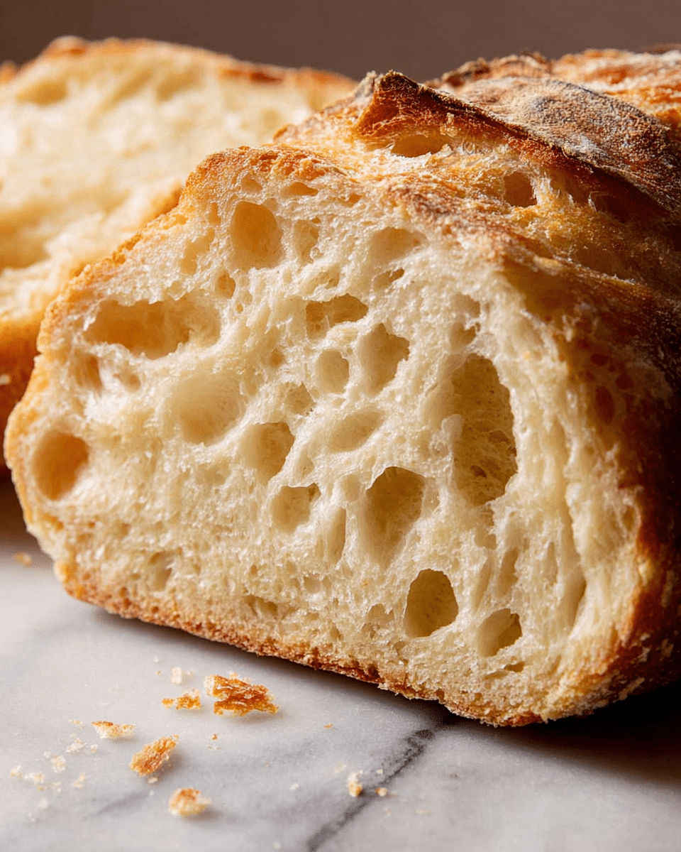 A close-up image of a thick slice of rustic bread showing its soft, uneven interior with many irregular holes and a light golden crust that looks slightly crispy. The slice is cut from a loaf, part of which is visible on the right side, showing a similar textured crust. The bread is positioned on a white marbled surface with a few crumbs scattered nearby. The lighting highlights the soft, porous texture of the bread's inside and the golden tones of the crust. Photo taken with an iphone --ar 4:5 --v 7