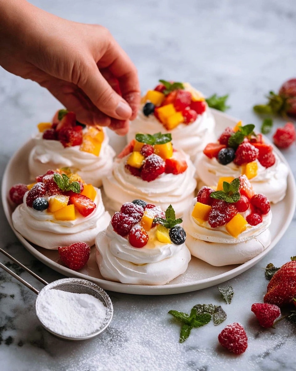 The image shows a white plate filled with eight small pavlova nests, each made of a white, crisp meringue base with soft whipped cream piled on top. Each pavlova is decorated with colorful fresh fruits, some with red strawberries and raspberries, others with yellow mango cubes and small green mint leaves. The fruits add bright reds, yellows, and blues, contrasting with the white cream and meringue. Some berries are dusted lightly with powdered sugar. A woman's hand is gently holding the edge of the plate, and the plate rests on a white marbled texture surface with scattered berries and a small metal sieve filled with powdered sugar nearby. photo taken with an iphone --ar 4:5 --v 7