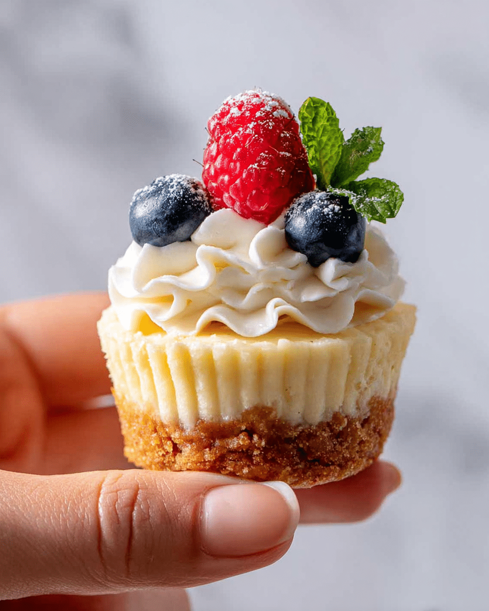 The image shows a wooden stand full of small cheesecakes, each with two layers: a light brown crumb base and a thick creamy yellow cheesecake layer. On top, there is a swirl of smooth white cream, crowned with fresh red raspberries, dark blue blueberries, and bright green mint leaves. Powdered sugar is being gently sifted over the cupcakes from a metal sieve above, creating a soft white dust on the fruit and cream. The wooden stand is set on a white marbled surface with a soft, blurry light background. photo taken with an iphone --ar 4:5 --v 7