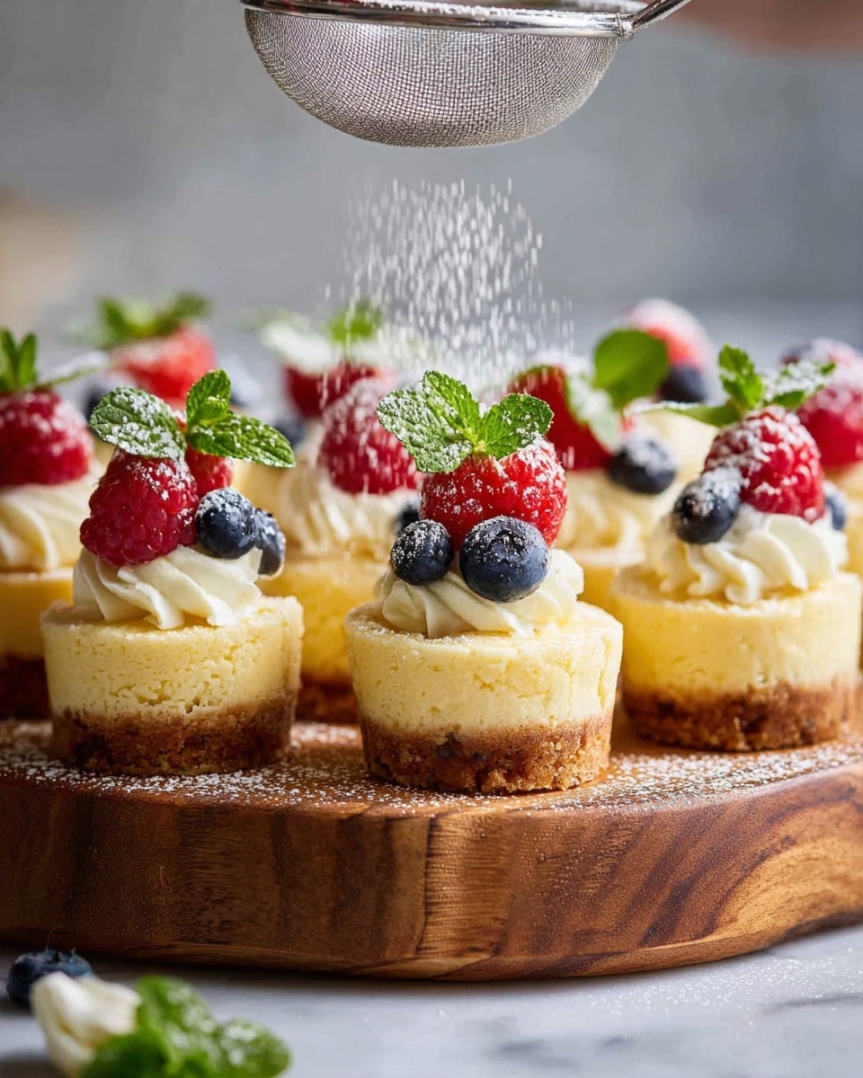 A small cheesecake cupcake held by a woman's hand with a yellowish, crumbly bottom crust forming the first layer, topped by a creamy, pale yellow cheesecake layer filling the middle, and finished with a swirl of white whipped cream on top. On the whipped cream are two dark blue blueberries and a bright red raspberry garnished with small green mint leaves, all lightly dusted with powdered sugar. The background is a soft, smooth white marbled texture. Photo taken with an iphone --ar 4:5 --v 7