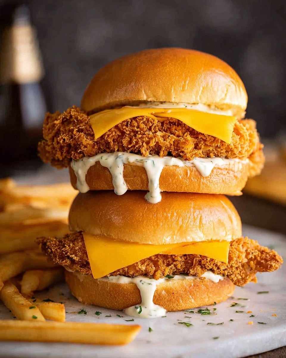 The image shows a close-up of two fish sandwiches stacked on top of each other. The top sandwich is cut in half, revealing three layers inside: a soft, light brown toasted bun on top, followed by a layer of melted yellow cheese mixed with some white creamy mayo sauce, and a thick, crispy white battered fish fillet in the center resting on a soft, dense bottom bun that is also light brown. The bottom sandwich is whole, with a golden-brown fried crispy chicken patty visible under the top bun along with some white sauce. The background is soft and blurred with a warm tone, and the sandwiches sit on a white marbled surface. photo taken with an iphone --ar 4:5 --v 7