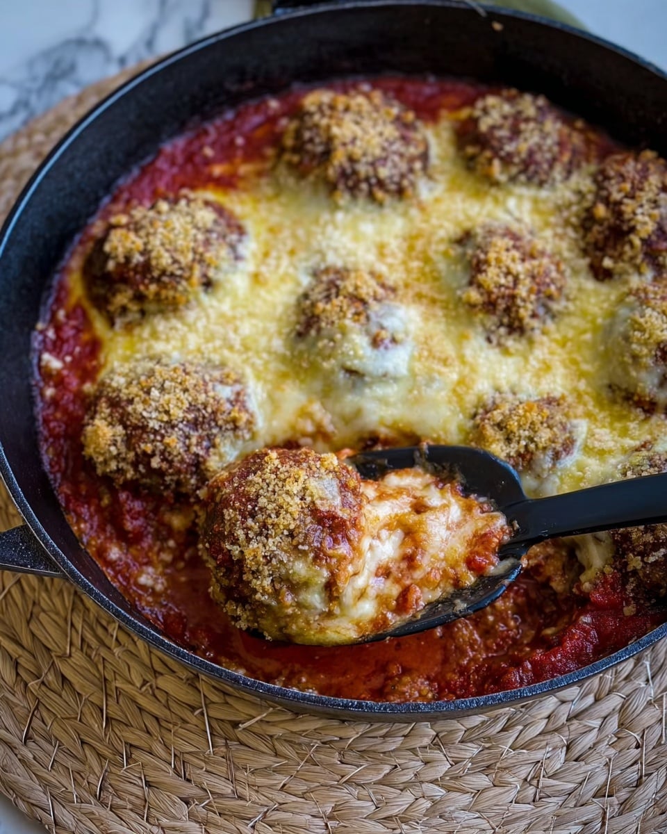The image shows a close-up of a baked dish with a golden-brown cheesy crust. The top layer is crispy and bubbly, with a mix of light golden yellow and deeper brown spots from melted cheese. Below the cheese crust, there is a thick, rich sauce layer that is reddish-brown, indicating a tomato base. The dish is served in a dark-colored pan, with a black spoon lifting a portion to reveal its texture. The background is a white marbled texture with a woven piece under the pan. Photo taken with an iphone --ar 4:5 --v 7