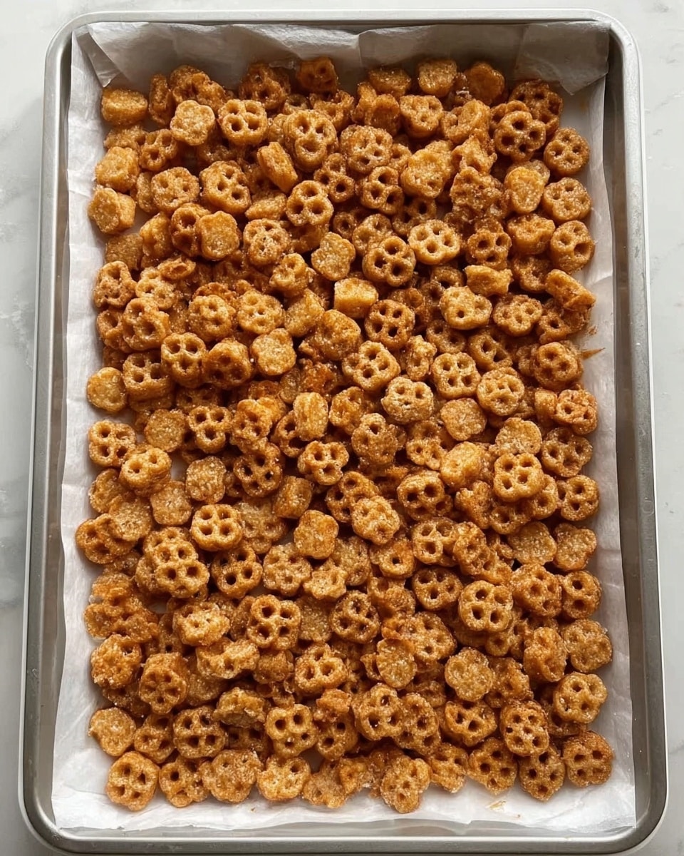 A tray filled with a thick layer of small, golden-brown flower-shaped cereal pieces that have a slightly rough texture and tiny holes in the center, spread evenly over white parchment paper lining the tray, all placed on a white marbled surface. photo taken with an iphone --ar 4:5 --v 7