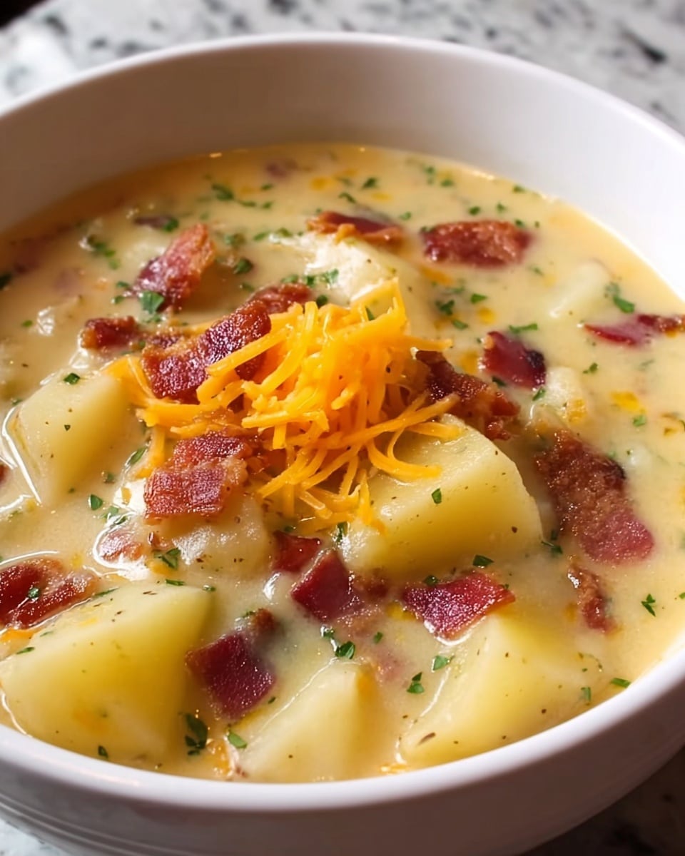 A close-up view of a white bowl filled with creamy potato soup, showing large chunks of soft yellow potatoes in a thick, light yellow broth. Crispy reddish-brown bacon pieces are scattered evenly on top, with a small pile of shredded orange-yellow cheddar cheese in the center. Tiny green herb bits are sprinkled throughout the soup, adding a fresh touch. The bowl sits against a white marbled surface. photo taken with an iphone --ar 4:5 --v 7