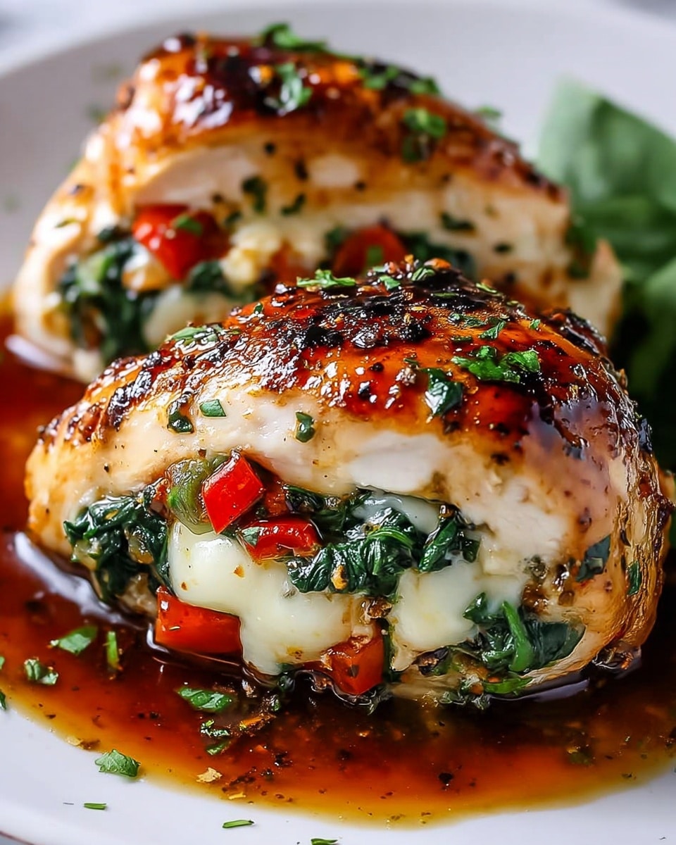 A close-up view of two stuffed chicken breasts placed on a white plate over a white marbled textured surface. Each chicken breast has three main visible layers: an outer golden-brown, glossy, and slightly charred grilled chicken layer speckled with fresh green herb pieces; a middle layer of gooey melted white cheese; and an inner filling of vibrant green spinach and bright red bell pepper chunks. The chicken pieces sit in a rich, dark brown sauce that pools around the base, adding shine and moisture to the dish. Small bits of herbs are scattered on the plate around the chicken, enhancing the fresh look. Photo taken with an iphone --ar 4:5 --v 7