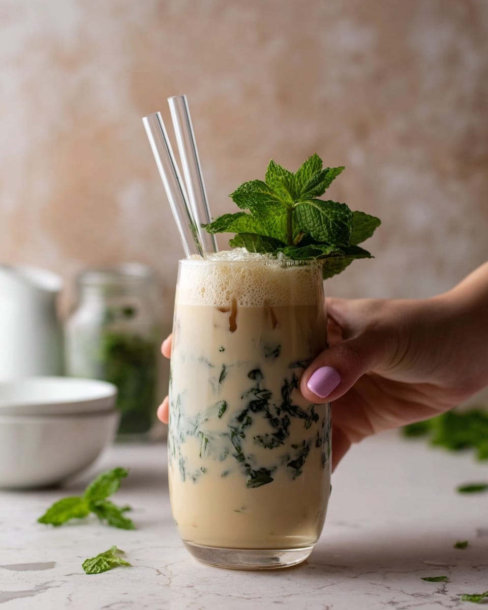 A clear glass filled with three layers: the bottom layer is a light creamy beige, the middle layer has dark green mint leaves mixed within the creamy drink, and the top layer is a frothy light beige foam. A bunch of fresh green mint leaves sits on the top right edge of the glass. Two clear straws stand upright from the left side of the glass. A woman's hand with light pink painted nails is holding the middle right side of the glass. The background shows a blurred white marbled texture surface and some green mint leaves scattered around with a white bowl and glass jar in soft focus. Photo taken with an iphone --ar 4:5 --v 7