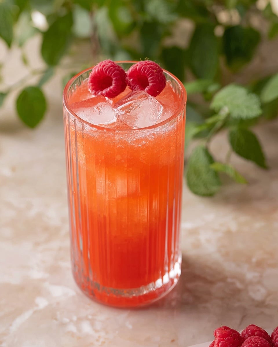 A tall transparent glass with vertical ridges is filled with a bright red-orange drink. On top, there are two fresh red raspberries and some clear ice cubes partially submerged in the drink. The glass is placed on a white marbled surface with green leaves softly blurred in the background. photo taken with an iphone --ar 4:5 --v 7