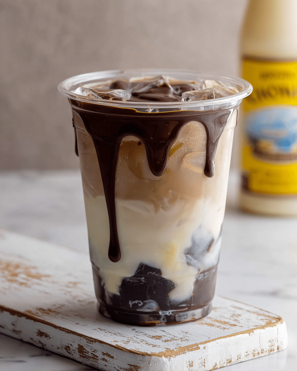A clear plastic cup with a plastic lid holds a layered drink. The bottom layer is dark brown jelly cubes. Above that is a creamy white milk layer with some parts mixing into the jelly. The middle layer is light brown coffee coffee mixed with milk. The top layer is a thick dark brown chocolate sauce that drips down the cup's sides. The cup sits on a chipped white wooden board placed on a white marbled surface. A blurry bottle with a yellow label is in the background. Photo taken with an iphone --ar 4:5 --v 7